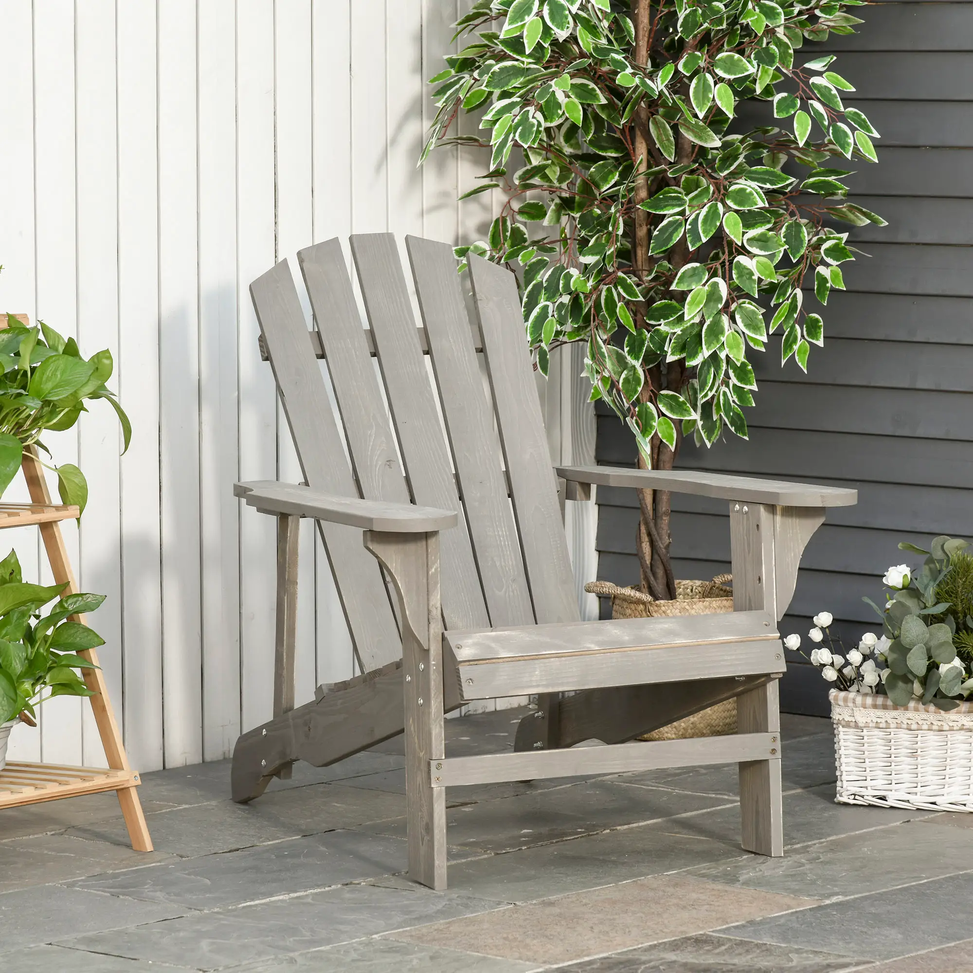 Wood Adirondack Chair, Outdoor Patio Chair, Slatted Design, Light Grey - Image 8