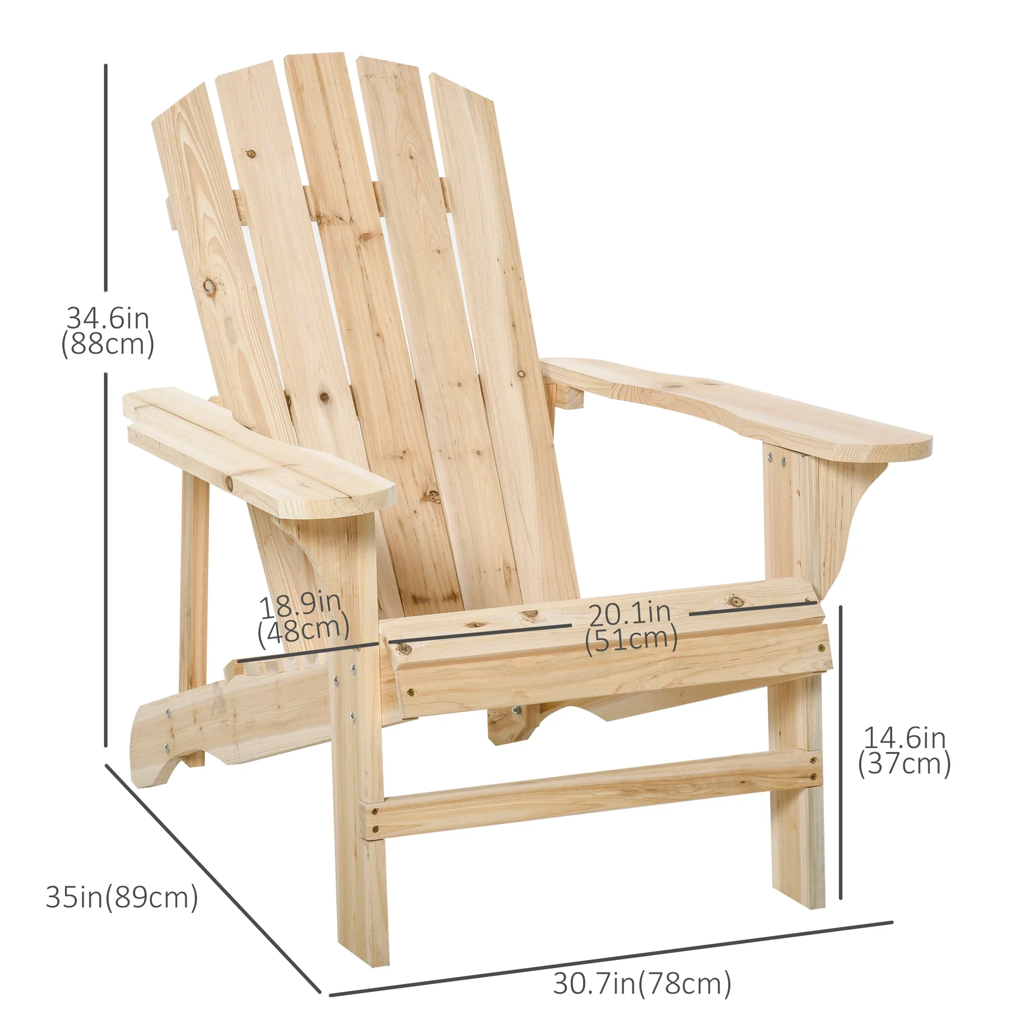 Wood Adirondack Chair, Outdoor Patio Muskoka Chair, Slatted Design, Natural - Image 3