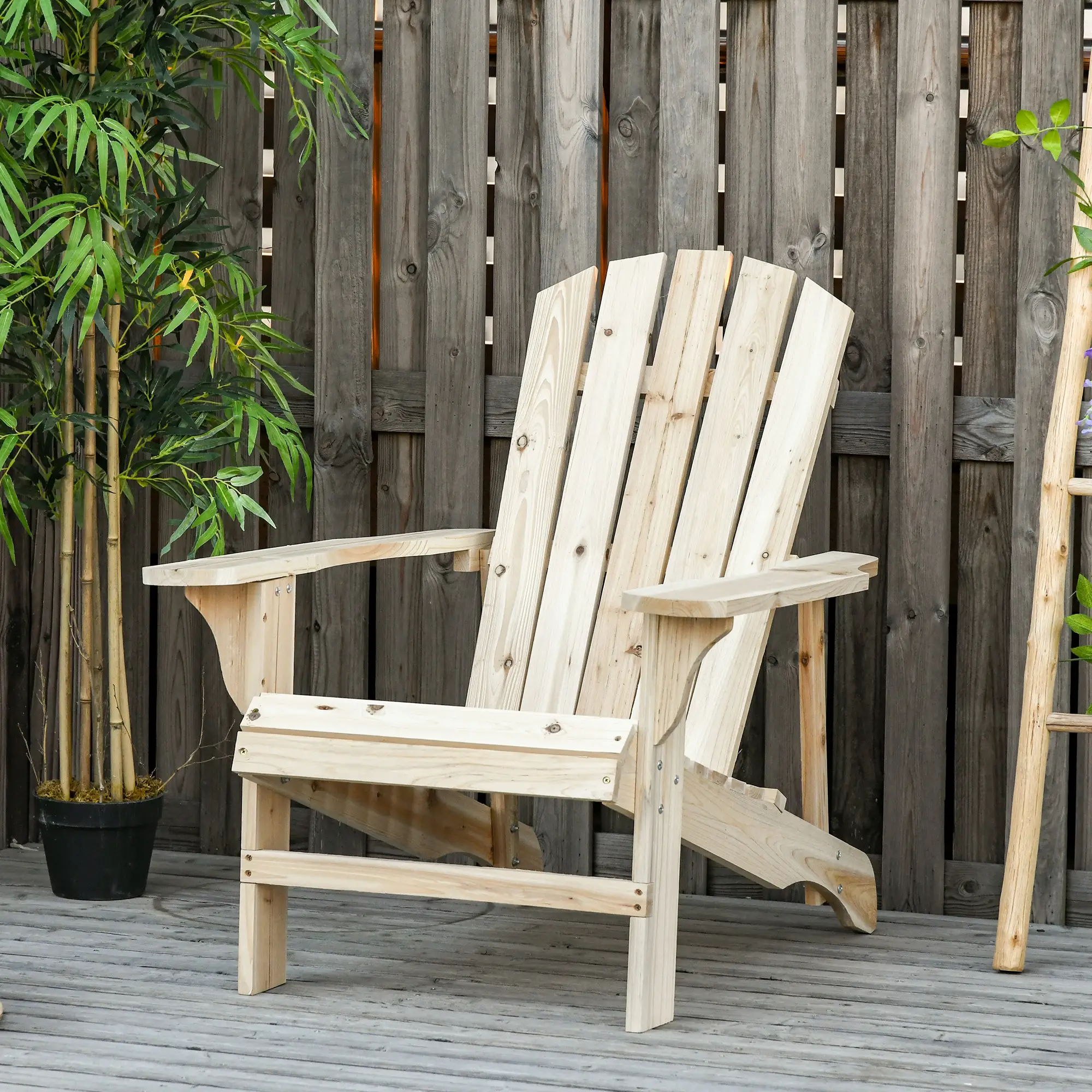 Wood Adirondack Chair, Outdoor Patio Muskoka Chair, Slatted Design, Natural - Image 8