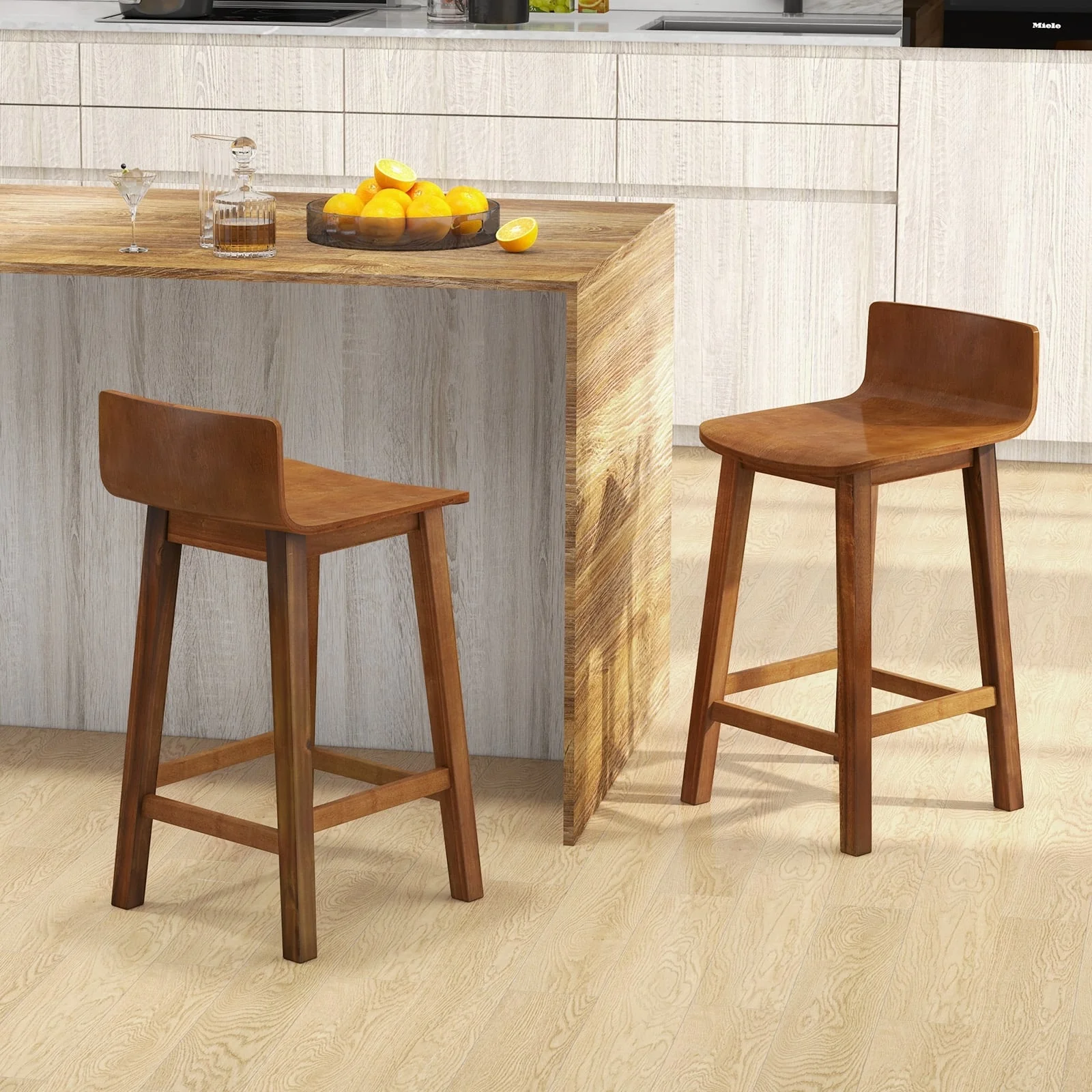 Wood Bar Stools Set Of 2, Solid Back And Seat, Brown - Image 2