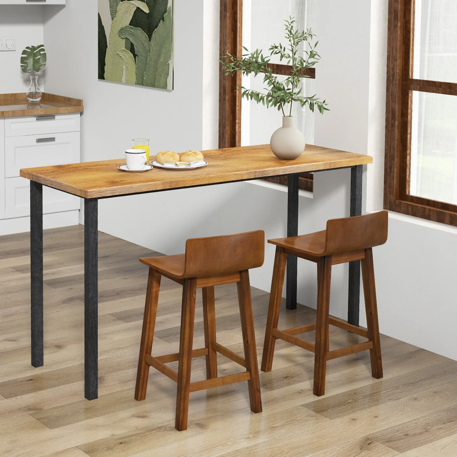Wood Bar Stools Set Of 2, Solid Back And Seat, Brown - Image 3