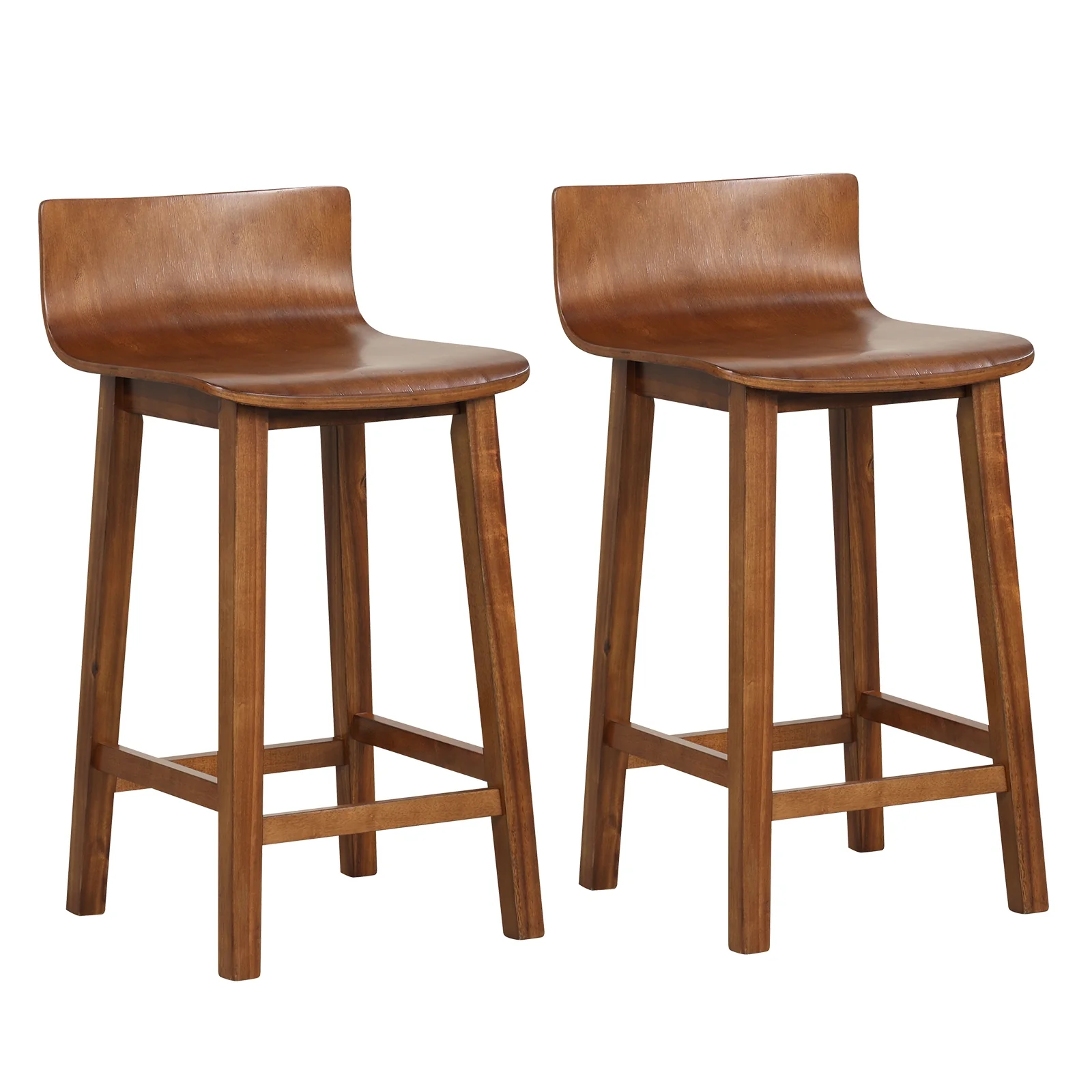 Wood Bar Stools Set Of 2, Solid Back And Seat, Brown - Image 4