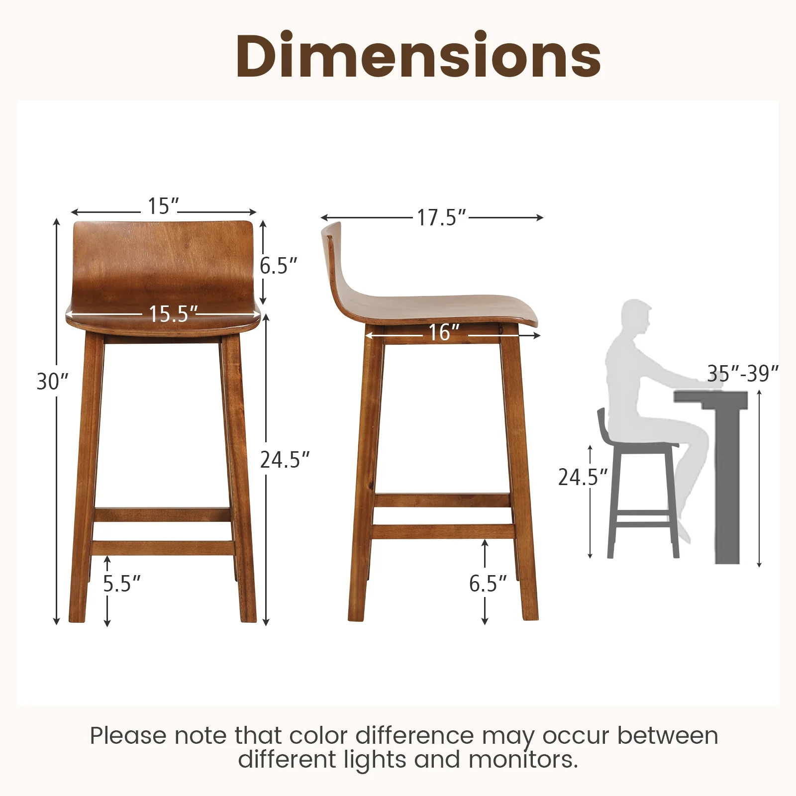 Wood Bar Stools Set Of 2, Solid Back And Seat, Brown - Image 6