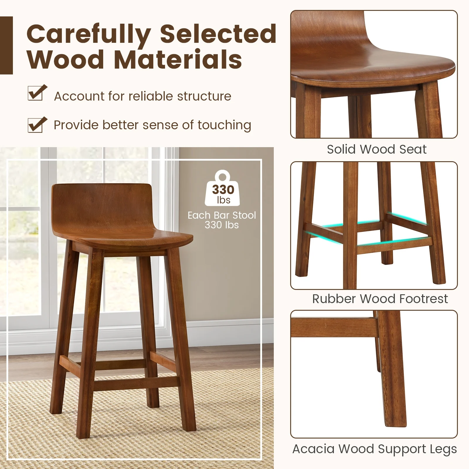 Wood Bar Stools Set Of 2, Solid Back And Seat, Brown - Image 7