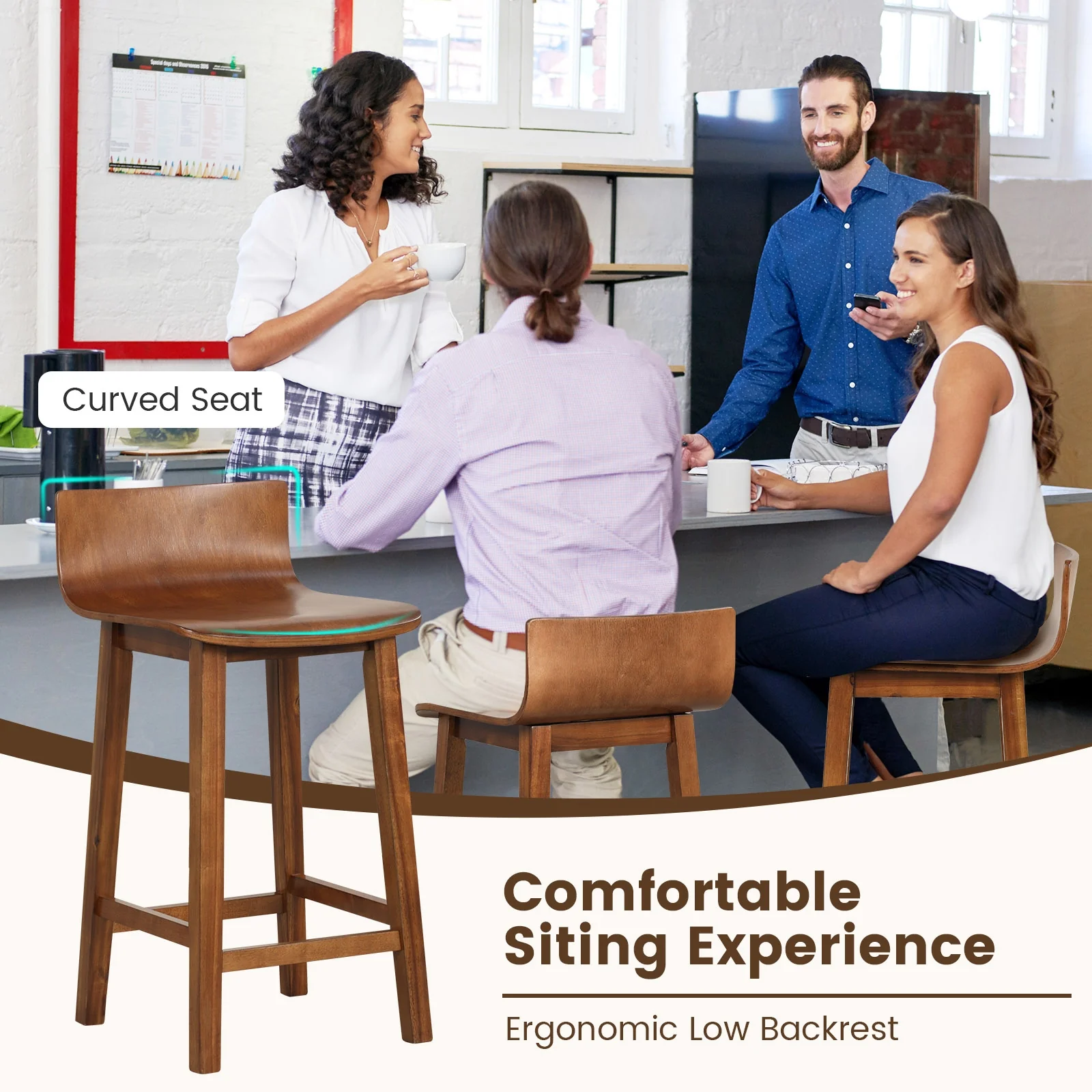 Wood Bar Stools Set Of 2, Solid Back And Seat, Brown - Image 8