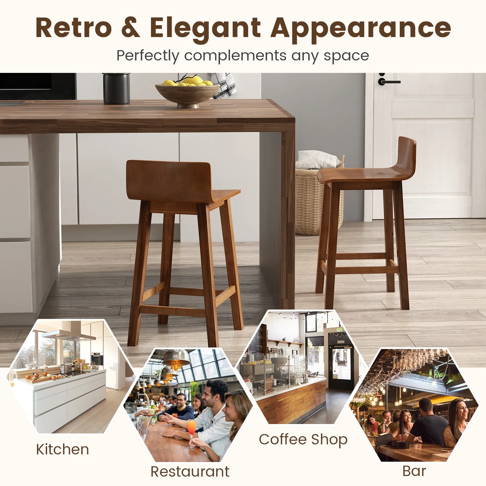 Wood Bar Stools Set Of 2, Solid Back And Seat, Brown - Image 9