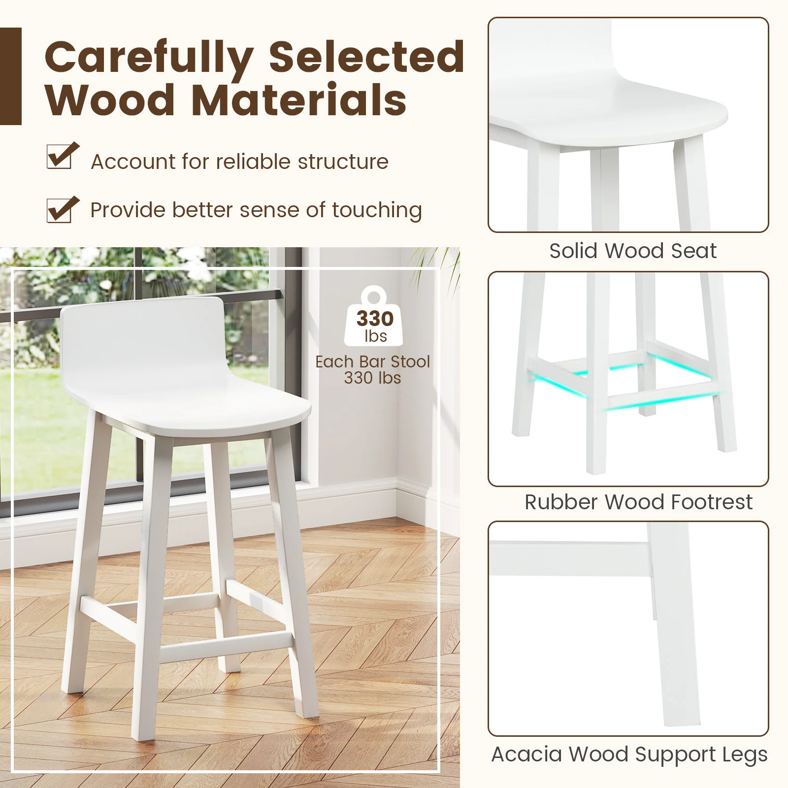 Wood Bar Stools, Set of 2, Solid Back and Seat, White - Image 10