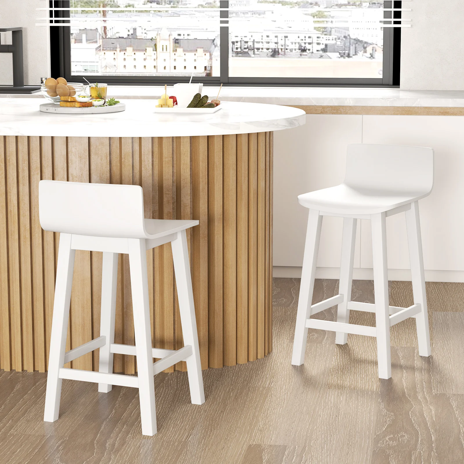 Wood Bar Stools, Set of 2, Solid Back and Seat, White - Image 2
