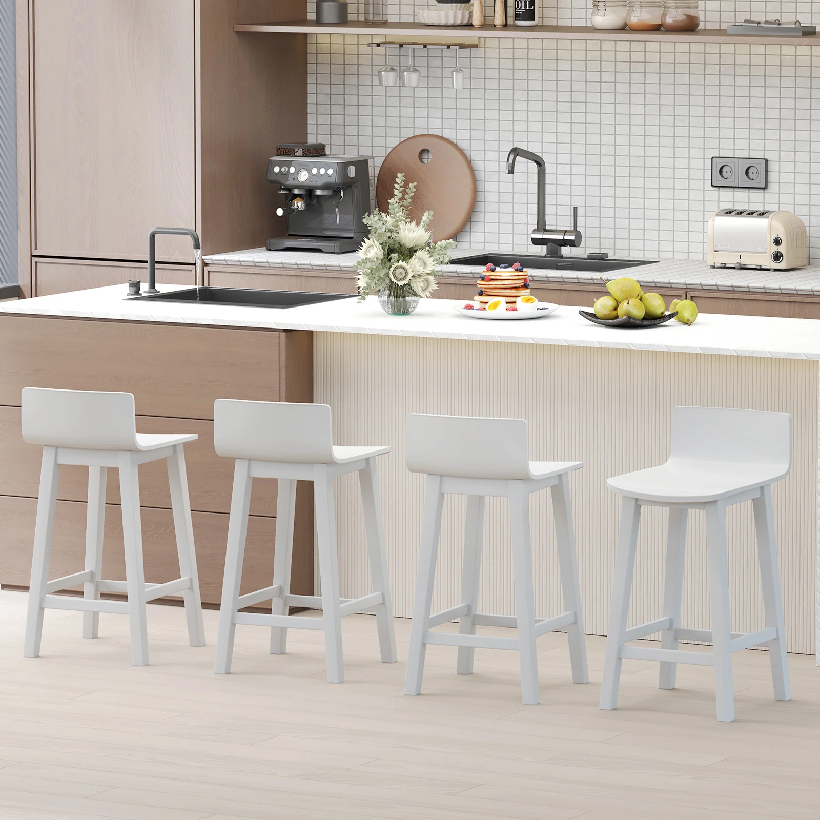 Wood Bar Stools, Set of 2, Solid Back and Seat, White - Image 6