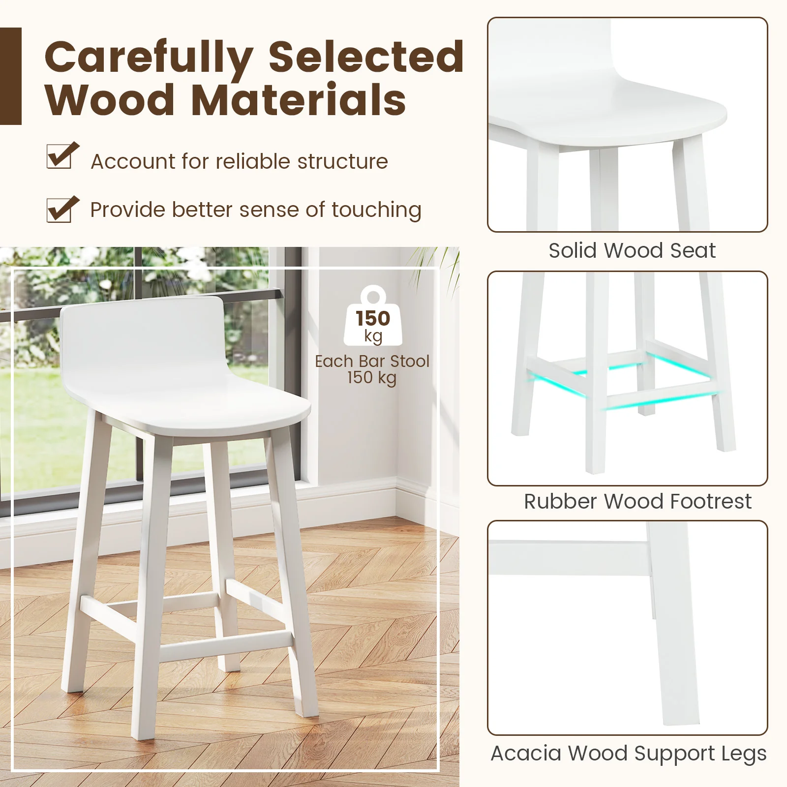Wood Bar Stools, Set of 2, Solid Back and Seat, White - Image 7