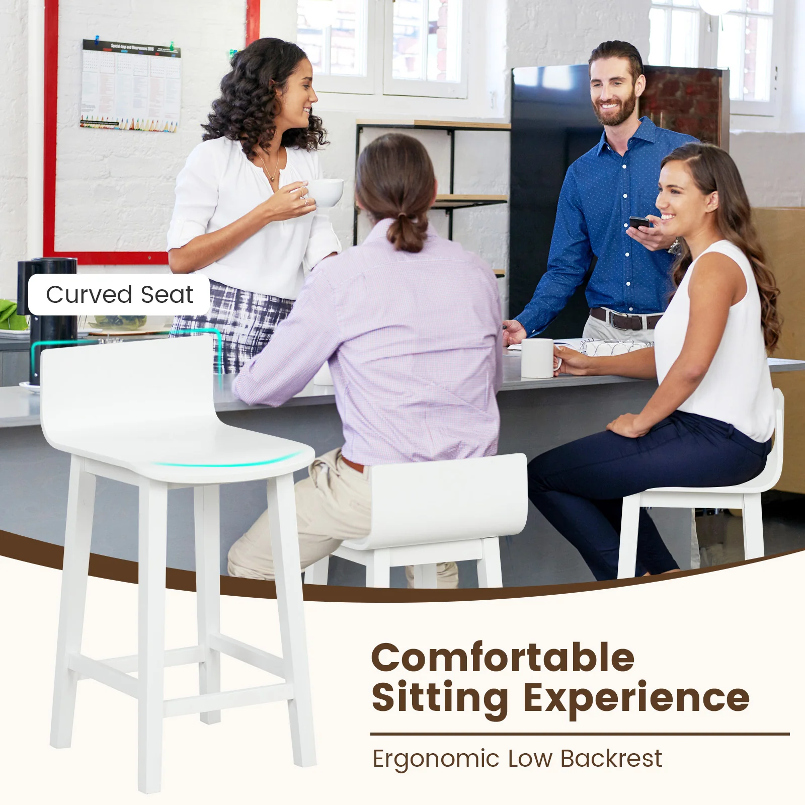 Wood Bar Stools, Set of 2, Solid Back and Seat, White - Image 8