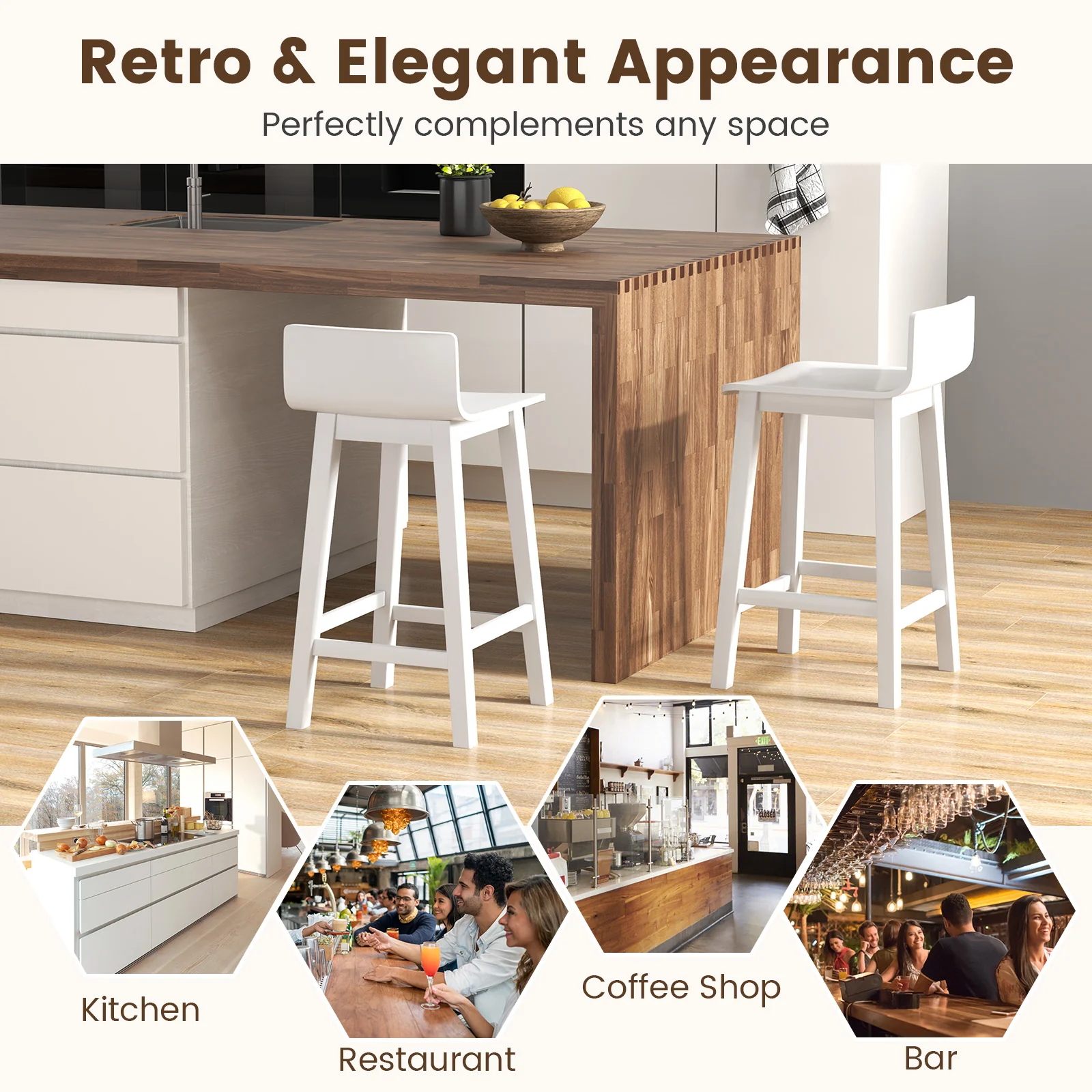 Wood Bar Stools, Set of 2, Solid Back and Seat, White - Image 9