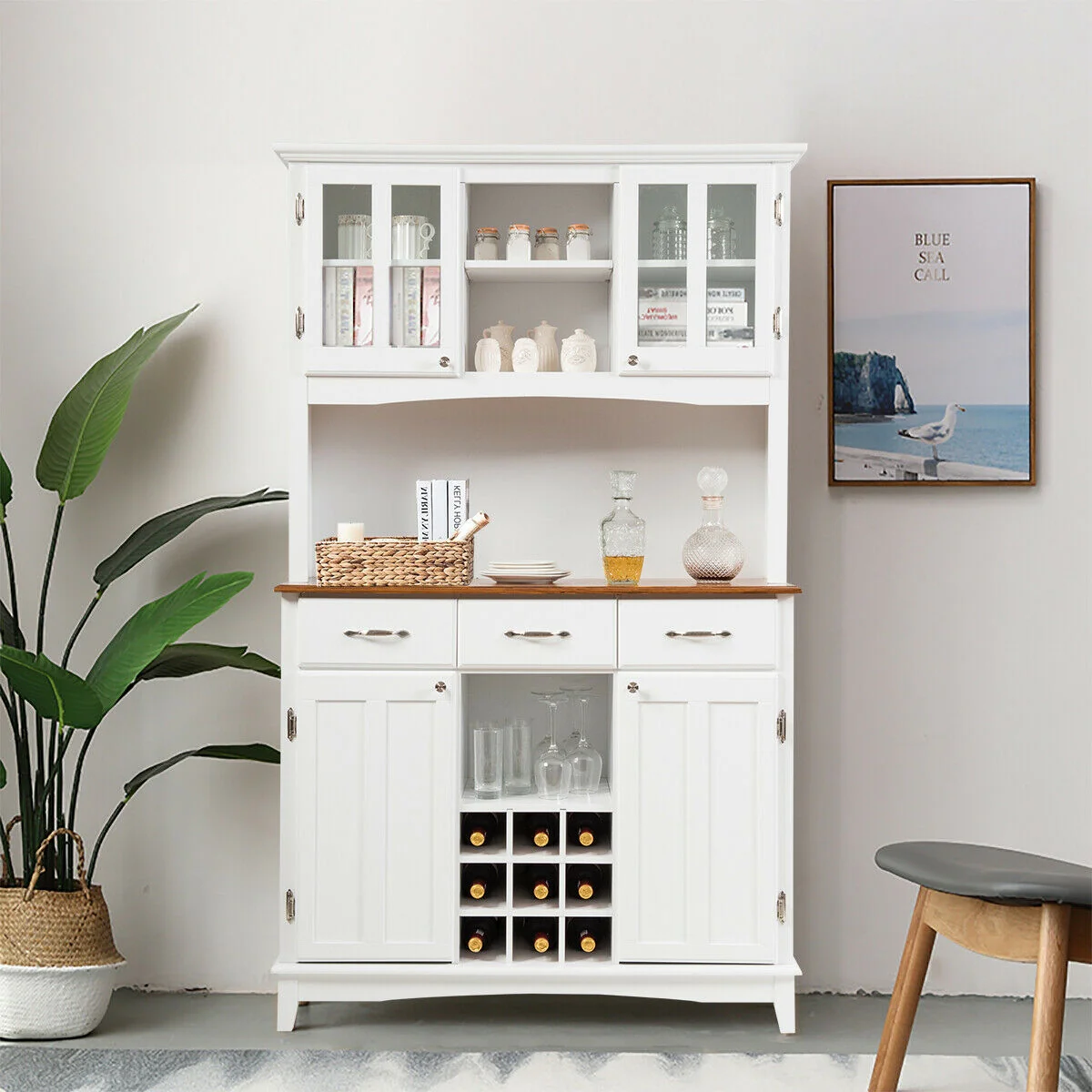 Wood Buffet Hutch Cabinet, 3 Large Drawers, White - Image 2