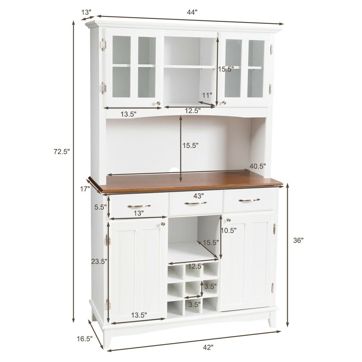 Wood Buffet Hutch Cabinet, 3 Large Drawers, White - Image 5