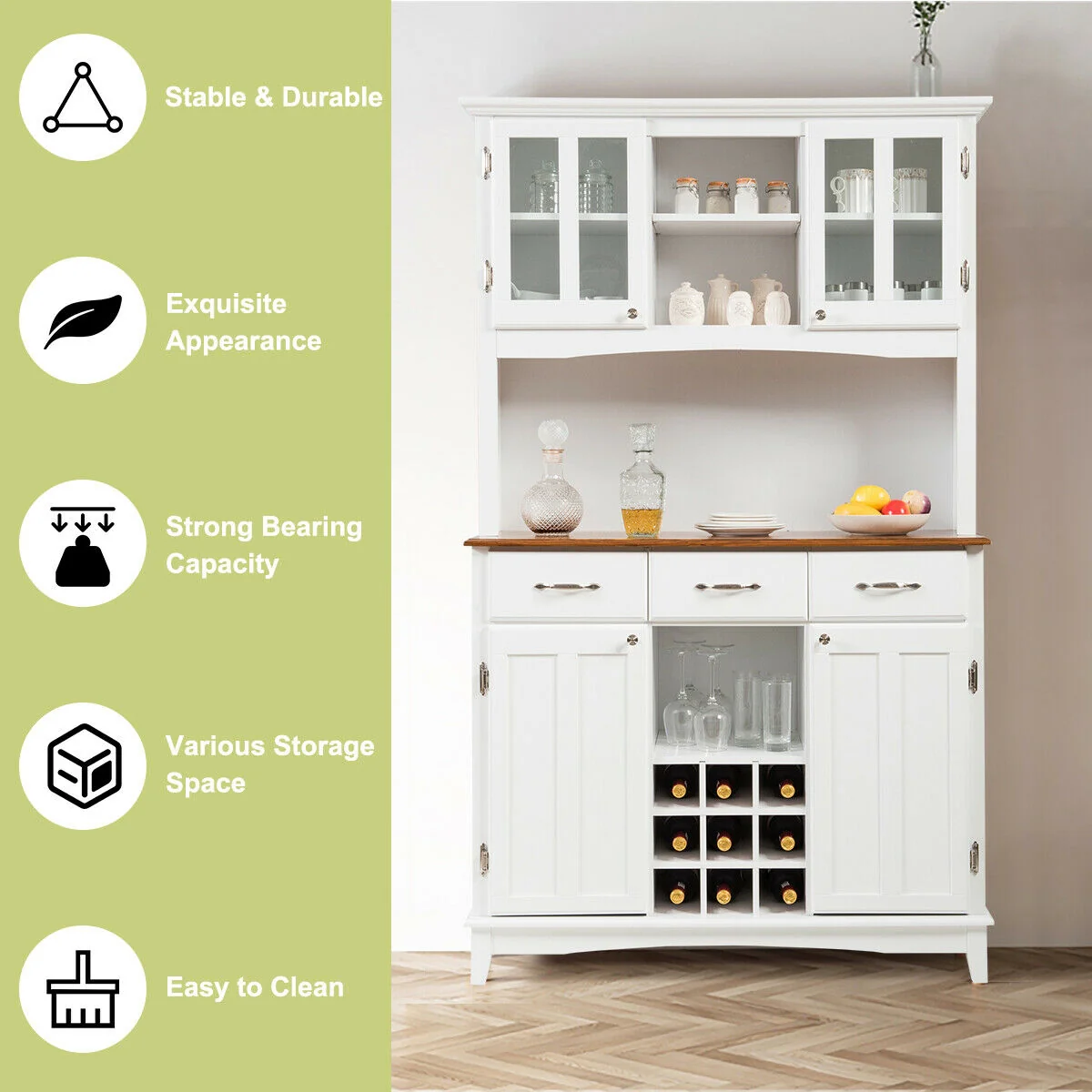 Wood Buffet Hutch Cabinet, 3 Large Drawers, White - Image 6