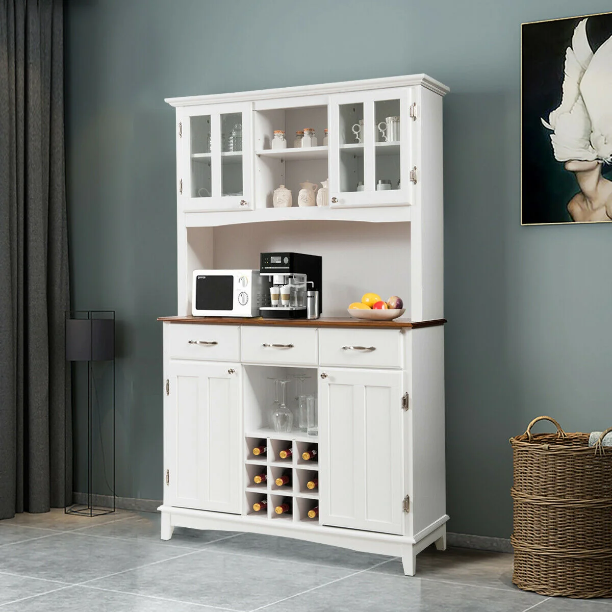 Wood Buffet Hutch Cabinet, 3 Large Drawers, White - Image 7