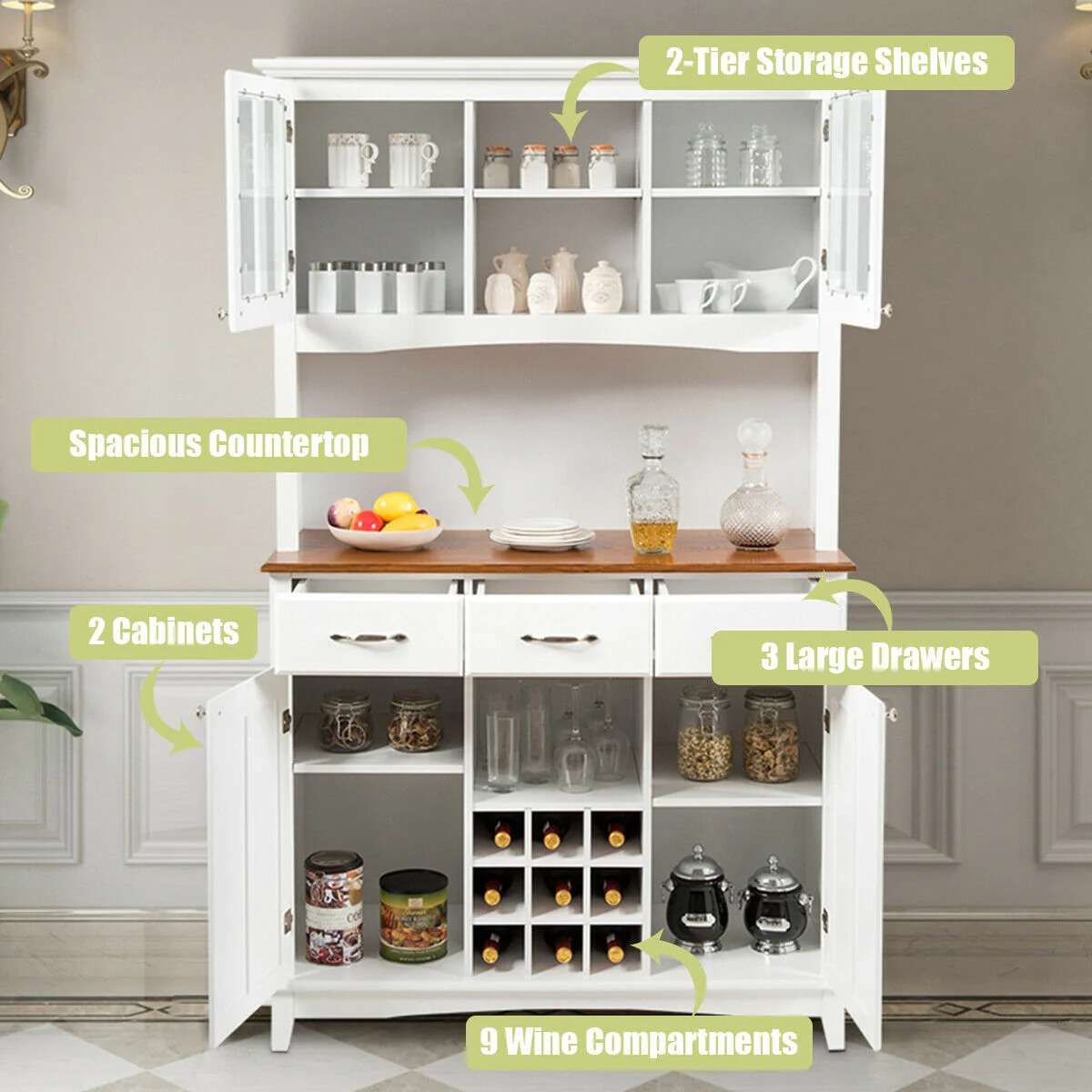 Wood Buffet Hutch Cabinet, 3 Large Drawers, White - Image 9