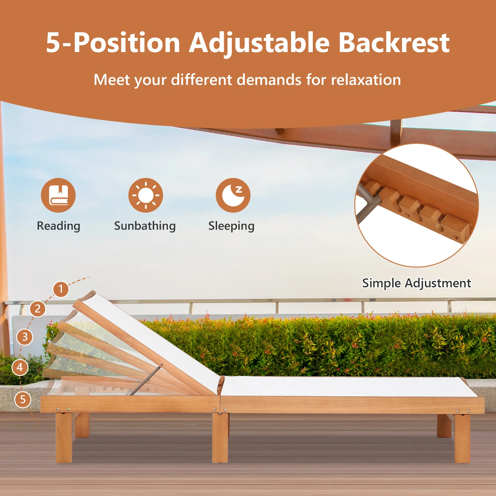 Wood Chaise Lounge Chair, 5-Position Adjustable Back - Image 10