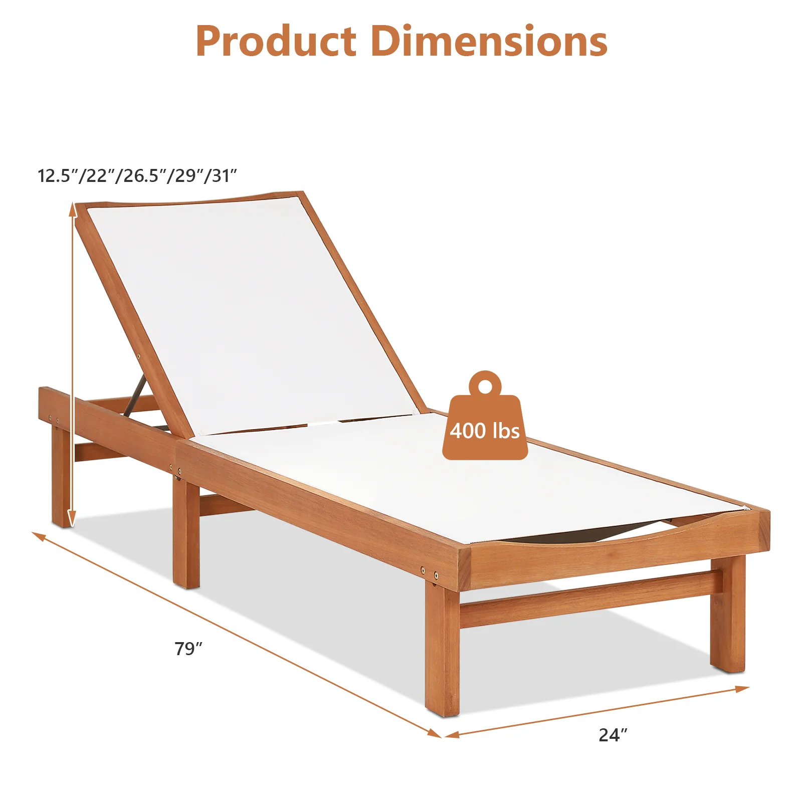 Wood Chaise Lounge Chair, 5-Position Adjustable Back - Image 5