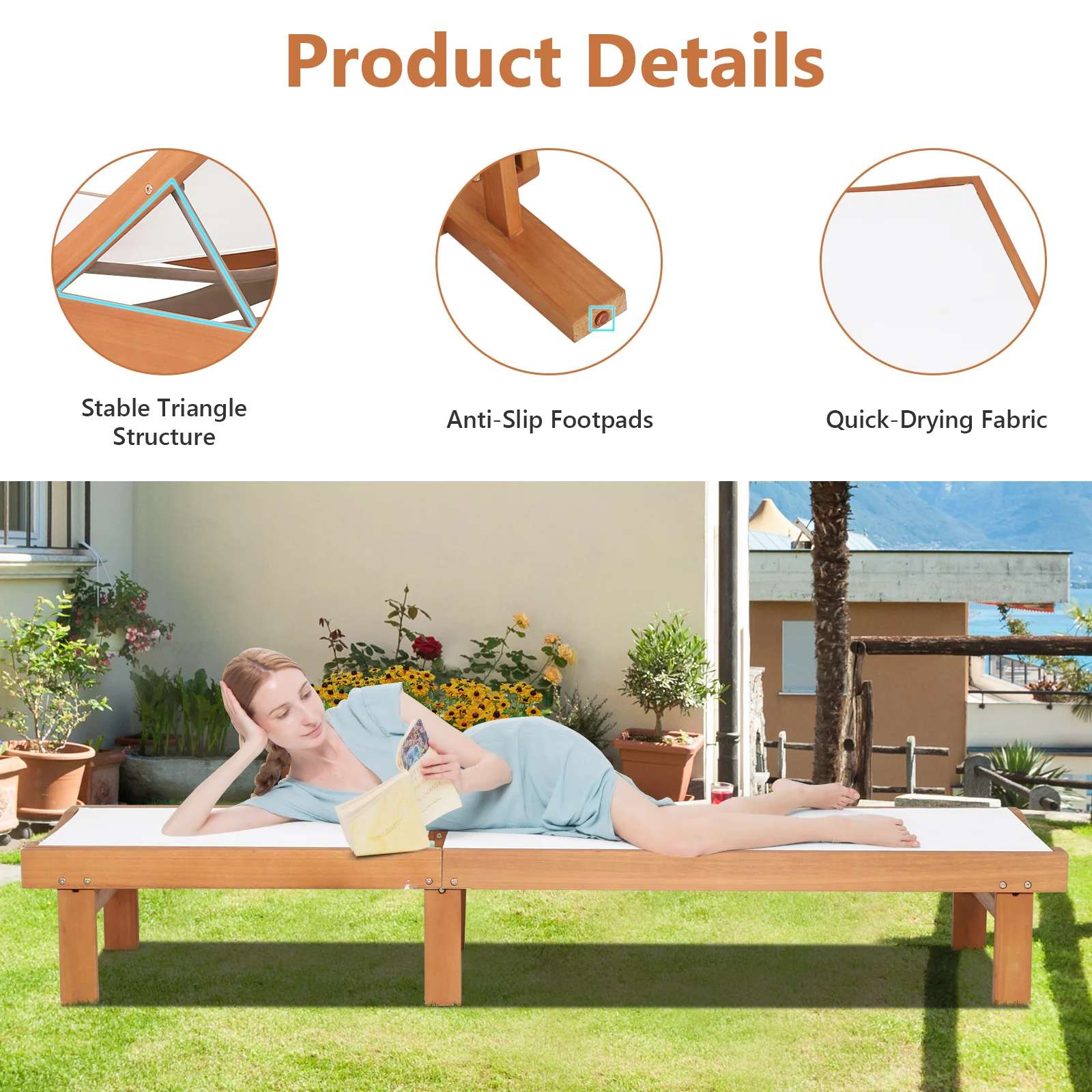 Wood Chaise Lounge Chair, 5-Position Adjustable Back - Image 8