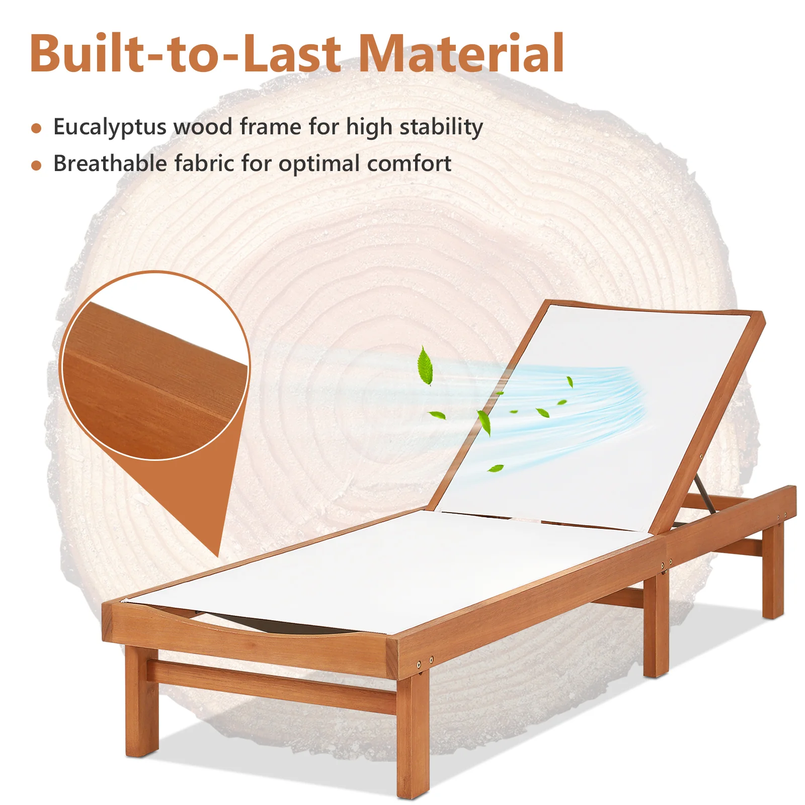 Wood Chaise Lounge Chair, 5-Position Adjustable Back - Image 9