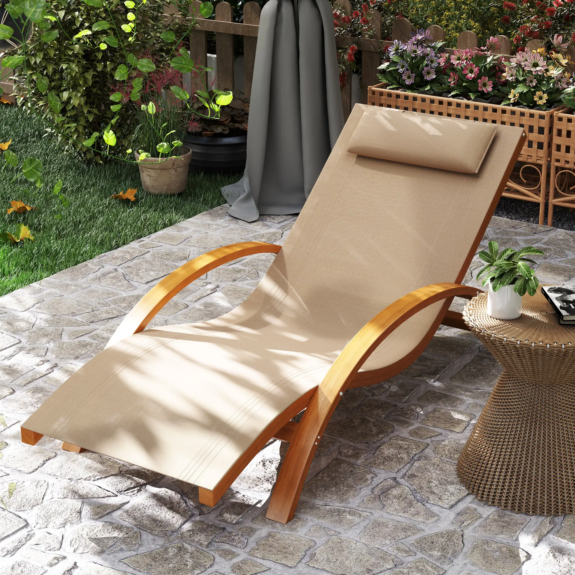 Wood Chaise Lounge Chair, Recliner, Outdoor Patio, Teak, Light Khaki - Image 10