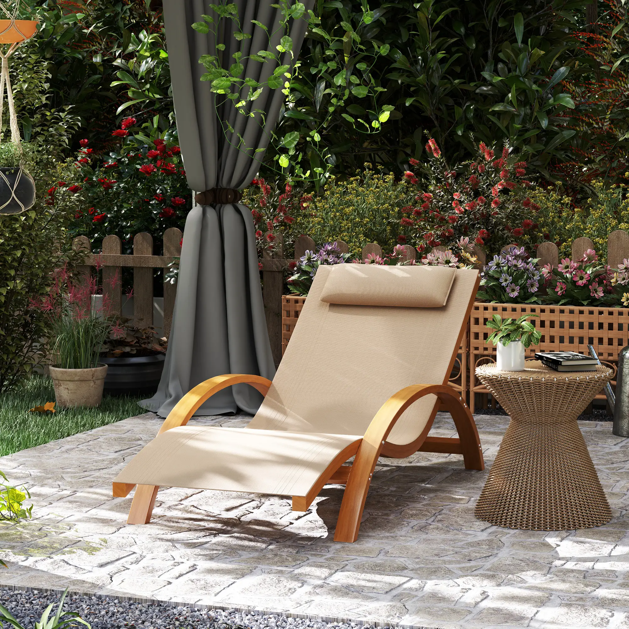 Wood Chaise Lounge Chair, Recliner, Outdoor Patio, Teak, Light Khaki - Image 2