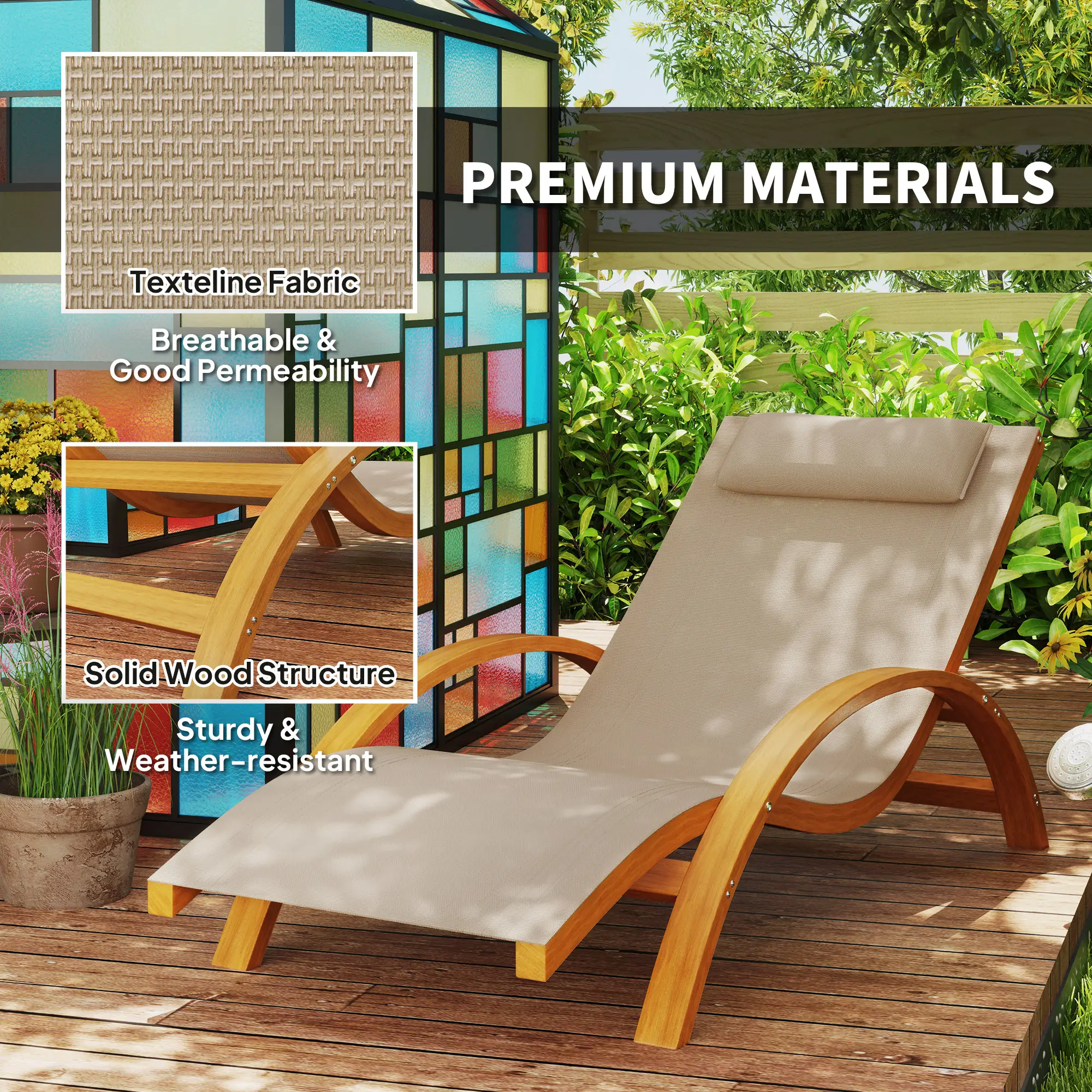 Wood Chaise Lounge Chair, Recliner, Outdoor Patio, Teak, Light Khaki - Image 5