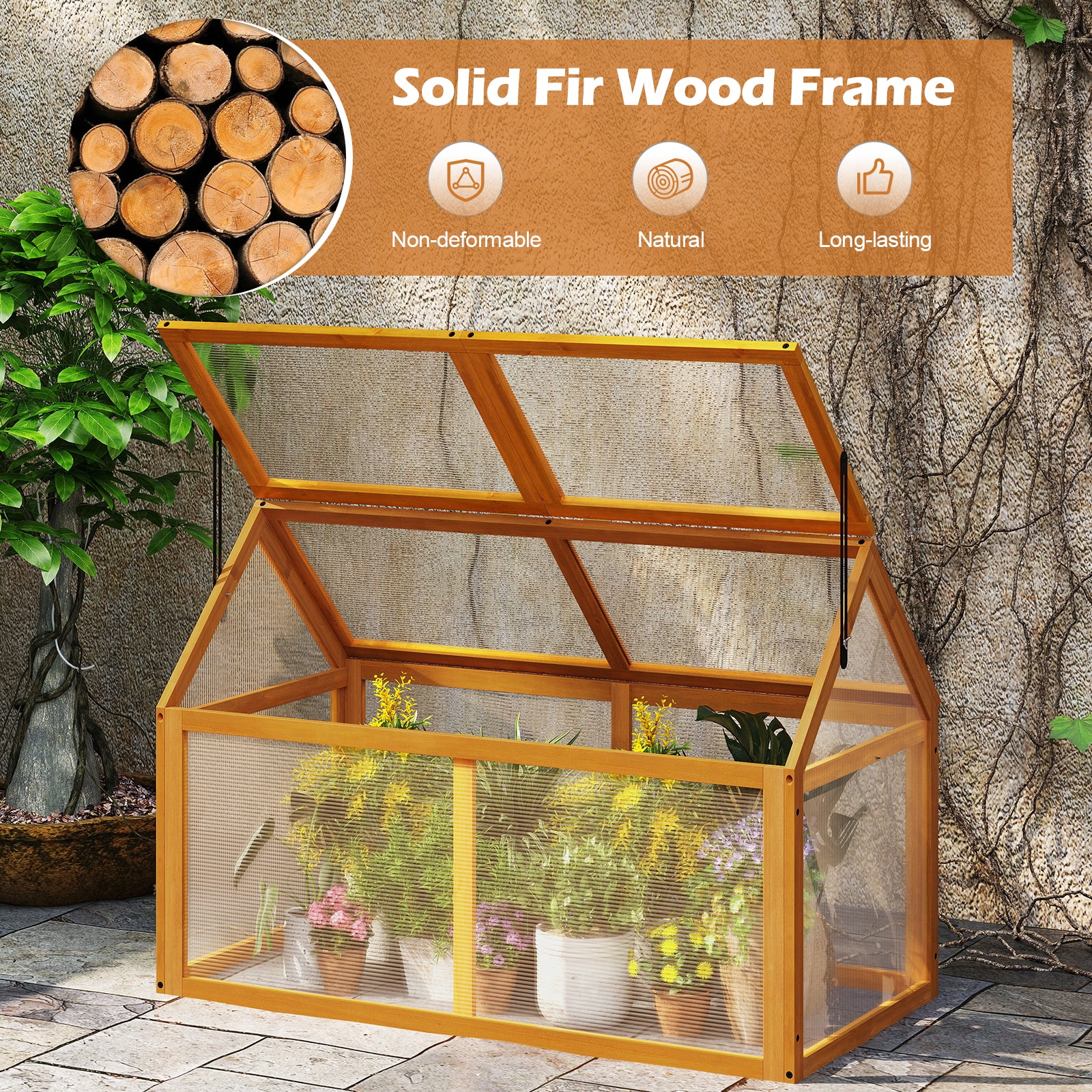 Wood Cold Frame Greenhouse Raised Flower Planter Protection with Adjustable Roof, Orange - Image 10