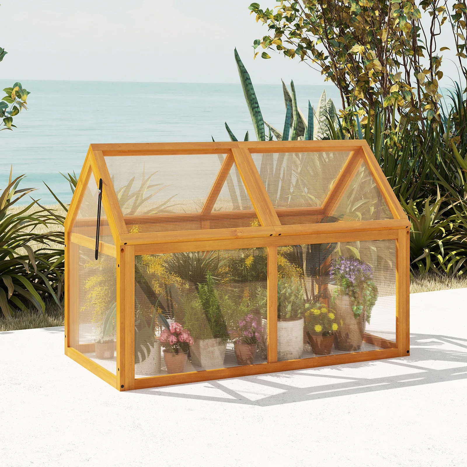 Wood Cold Frame Greenhouse Raised Flower Planter Protection with Adjustable Roof, Orange - Image 3