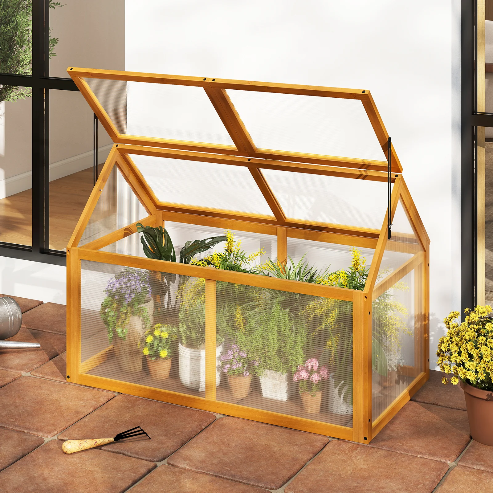 Wood Cold Frame Greenhouse Raised Flower Planter Protection with Adjustable Roof, Orange - Image 7