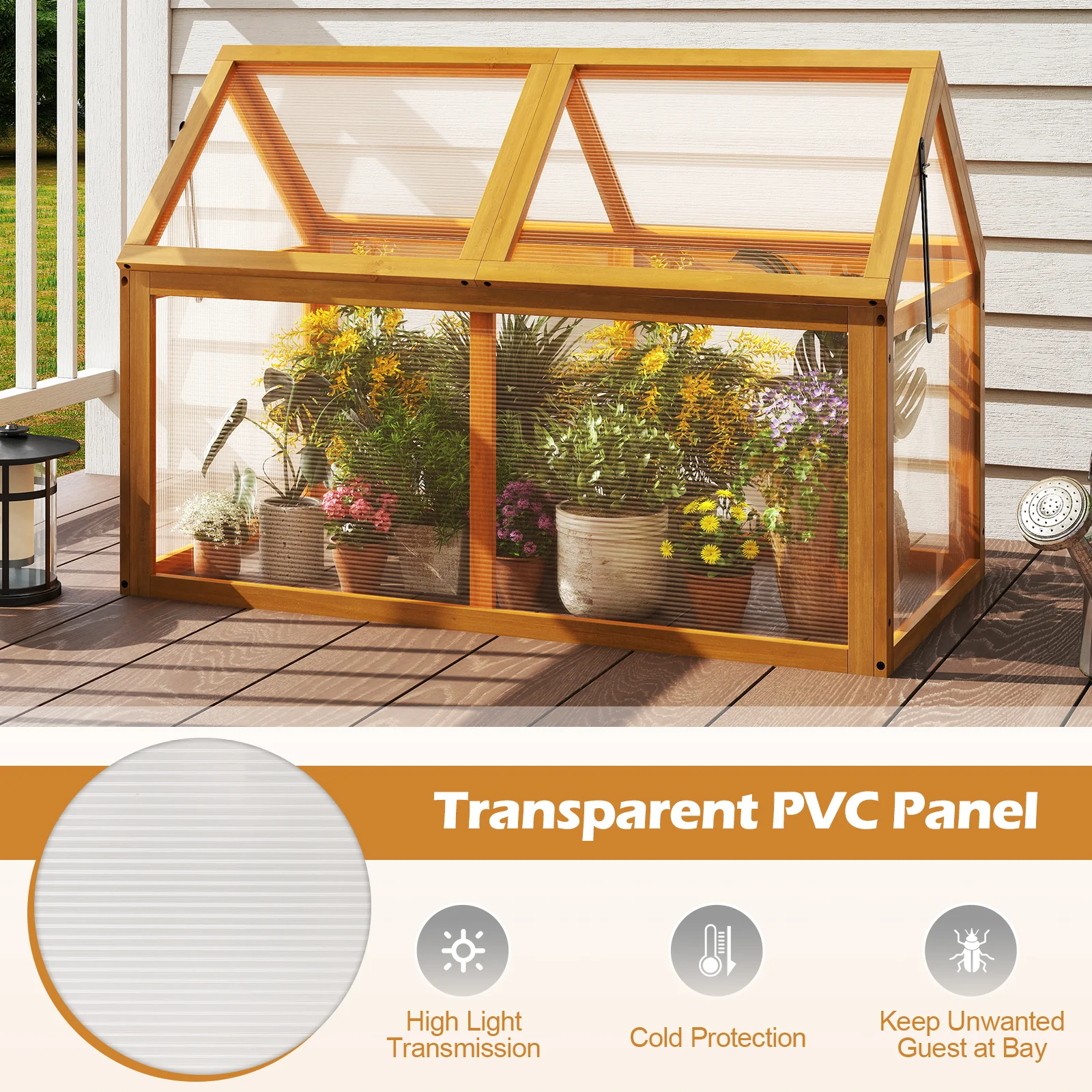 Wood Cold Frame Greenhouse Raised Flower Planter Protection with Adjustable Roof, Orange - Image 8