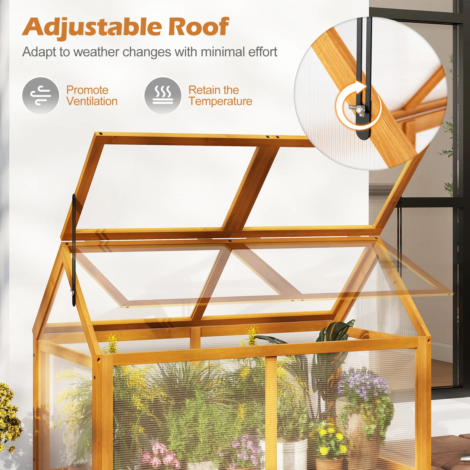 Wood Cold Frame Greenhouse Raised Flower Planter Protection with Adjustable Roof, Orange - Image 9