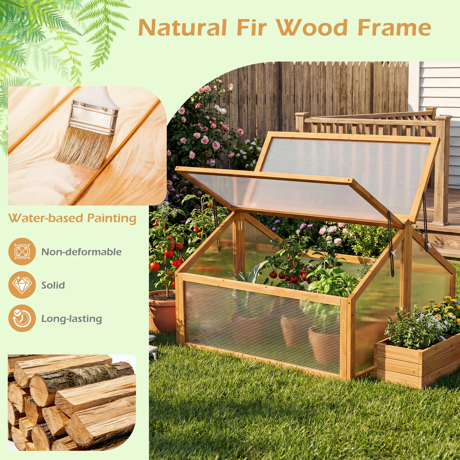 Wood Cold Frame Greenhouse Raised Flower Planter Protection with Transparent Openable Roof, Orange - Image 10