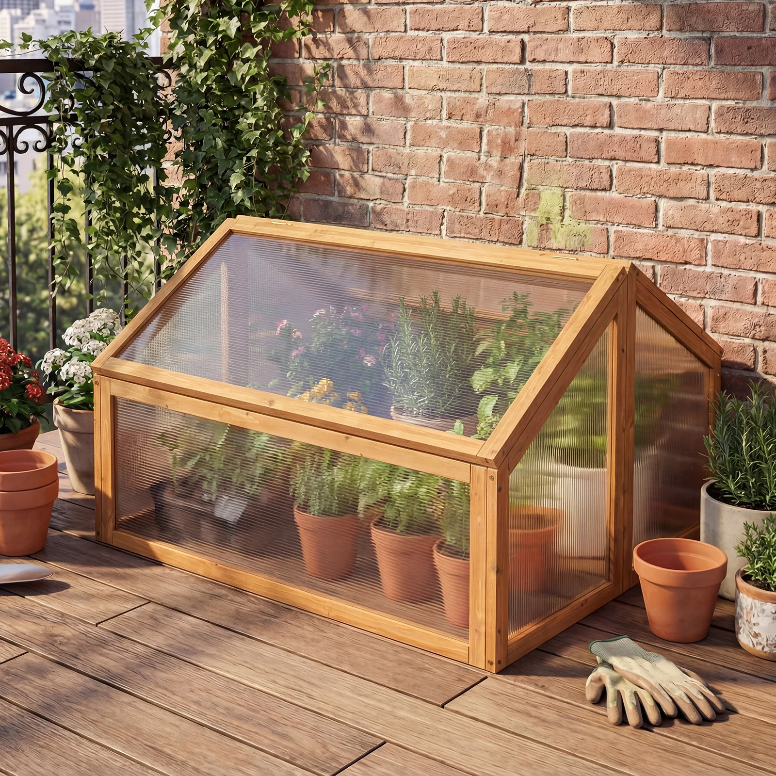 Wood Cold Frame Greenhouse Raised Flower Planter Protection with Transparent Openable Roof, Orange - Image 3