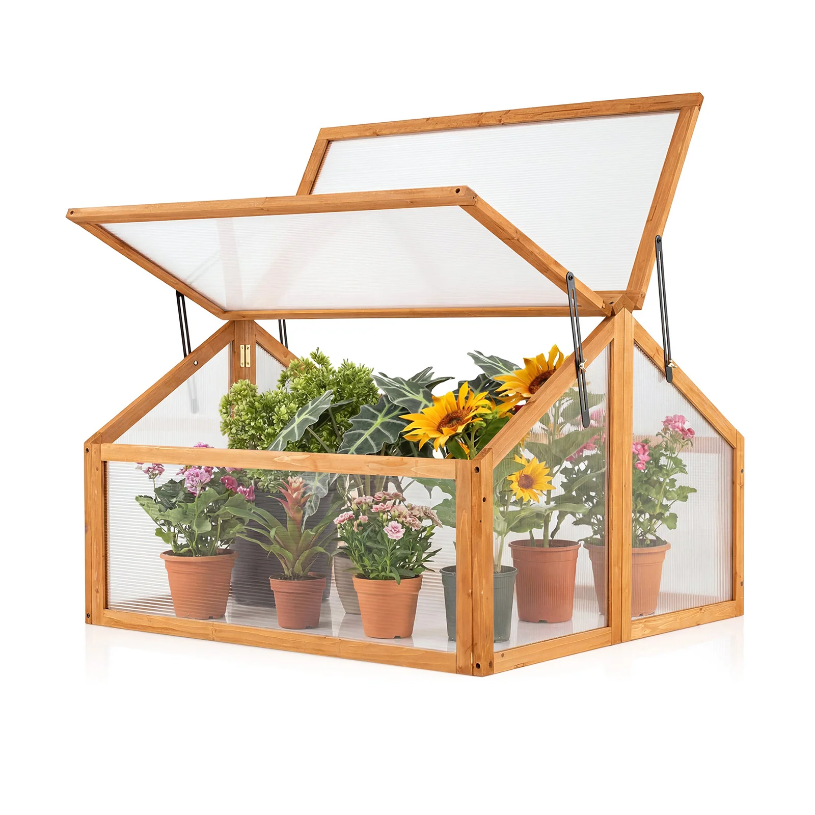 Wood Cold Frame Greenhouse Raised Flower Planter Protection with Transparent Openable Roof, Orange - Image 5