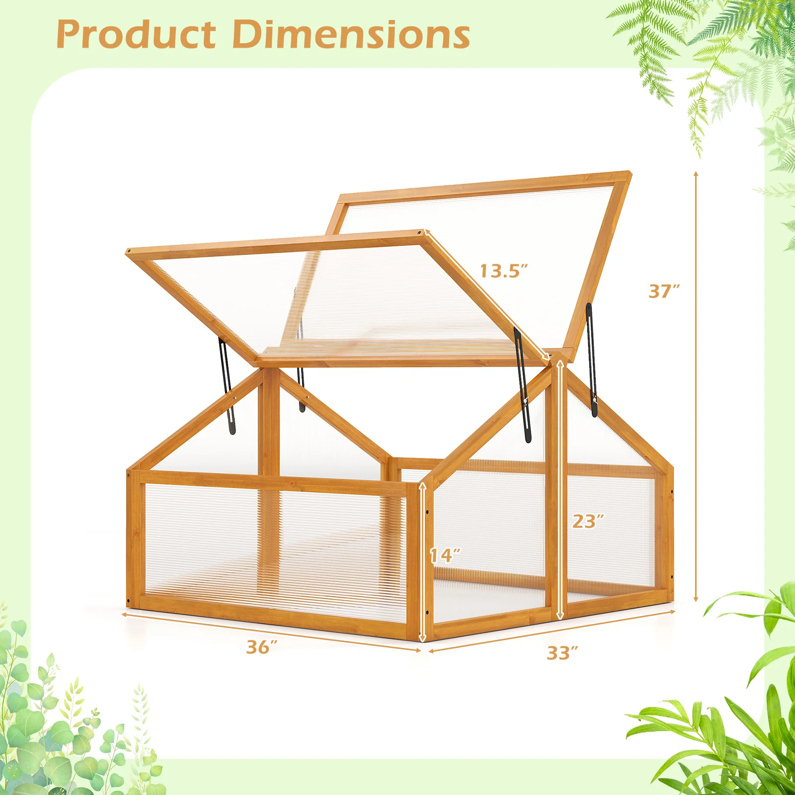 Wood Cold Frame Greenhouse Raised Flower Planter Protection with Transparent Openable Roof, Orange - Image 6