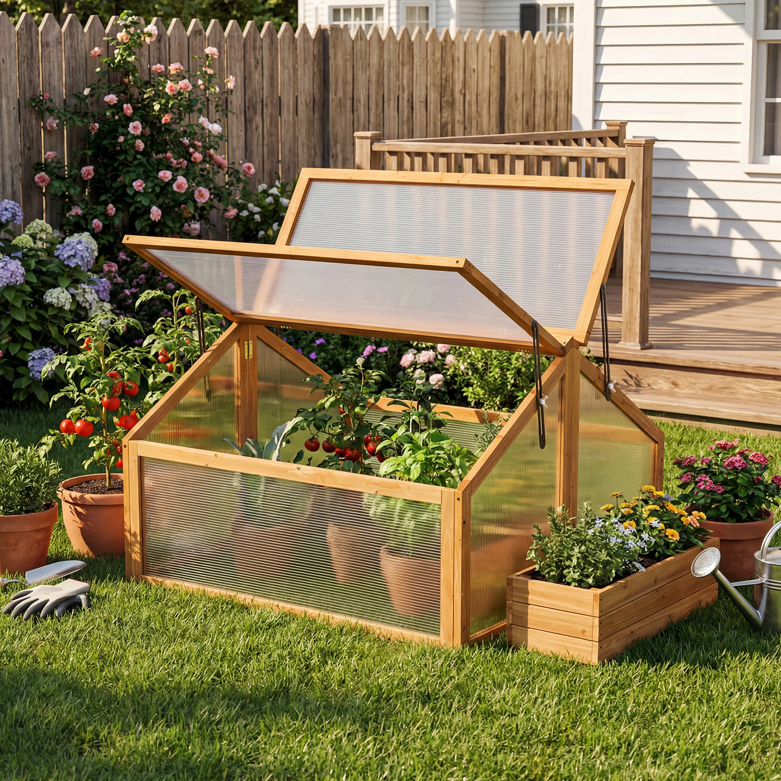 Wood Cold Frame Greenhouse Raised Flower Planter Protection with Transparent Openable Roof, Orange - Image 7