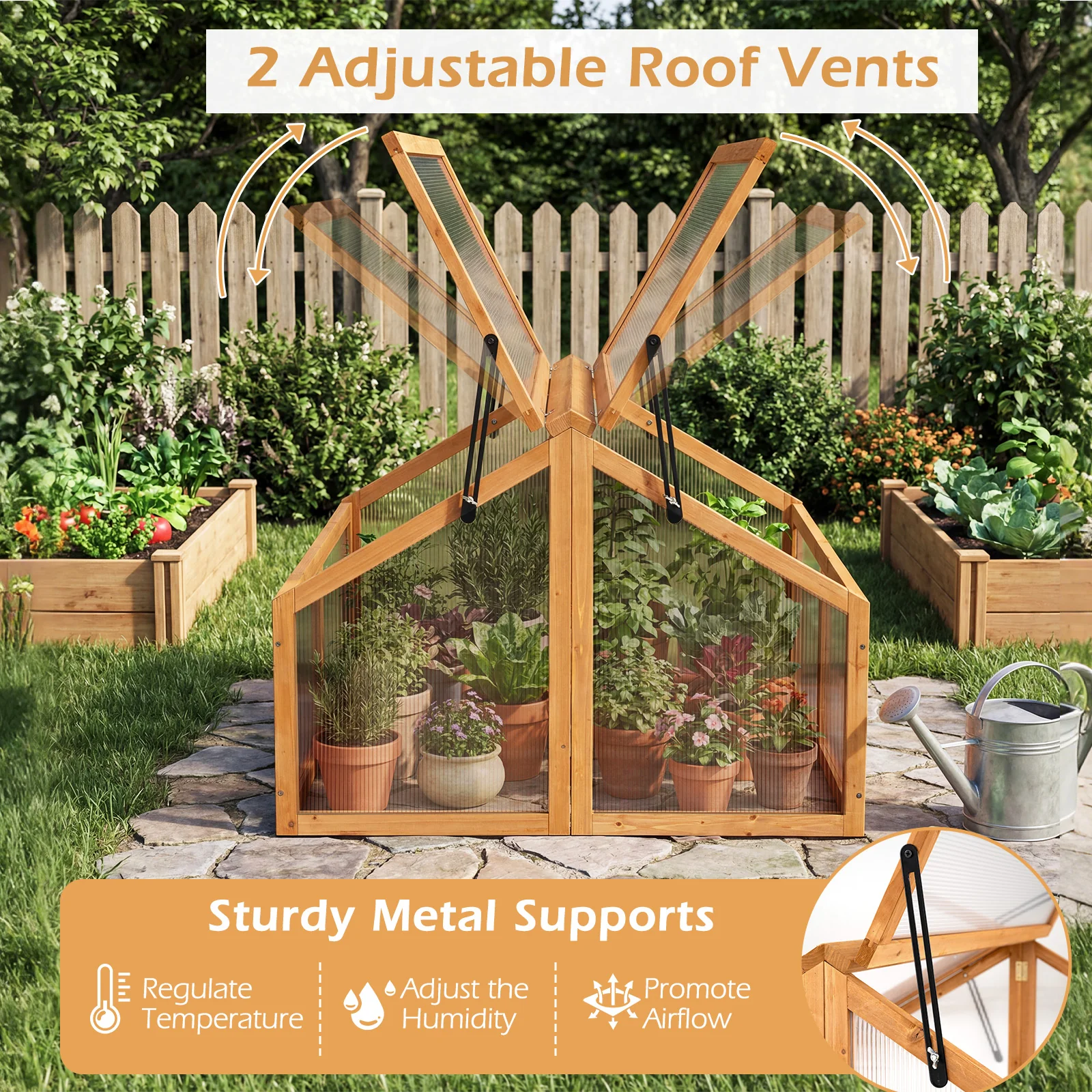 Wood Cold Frame Greenhouse Raised Flower Planter Protection with Transparent Openable Roof, Orange - Image 8