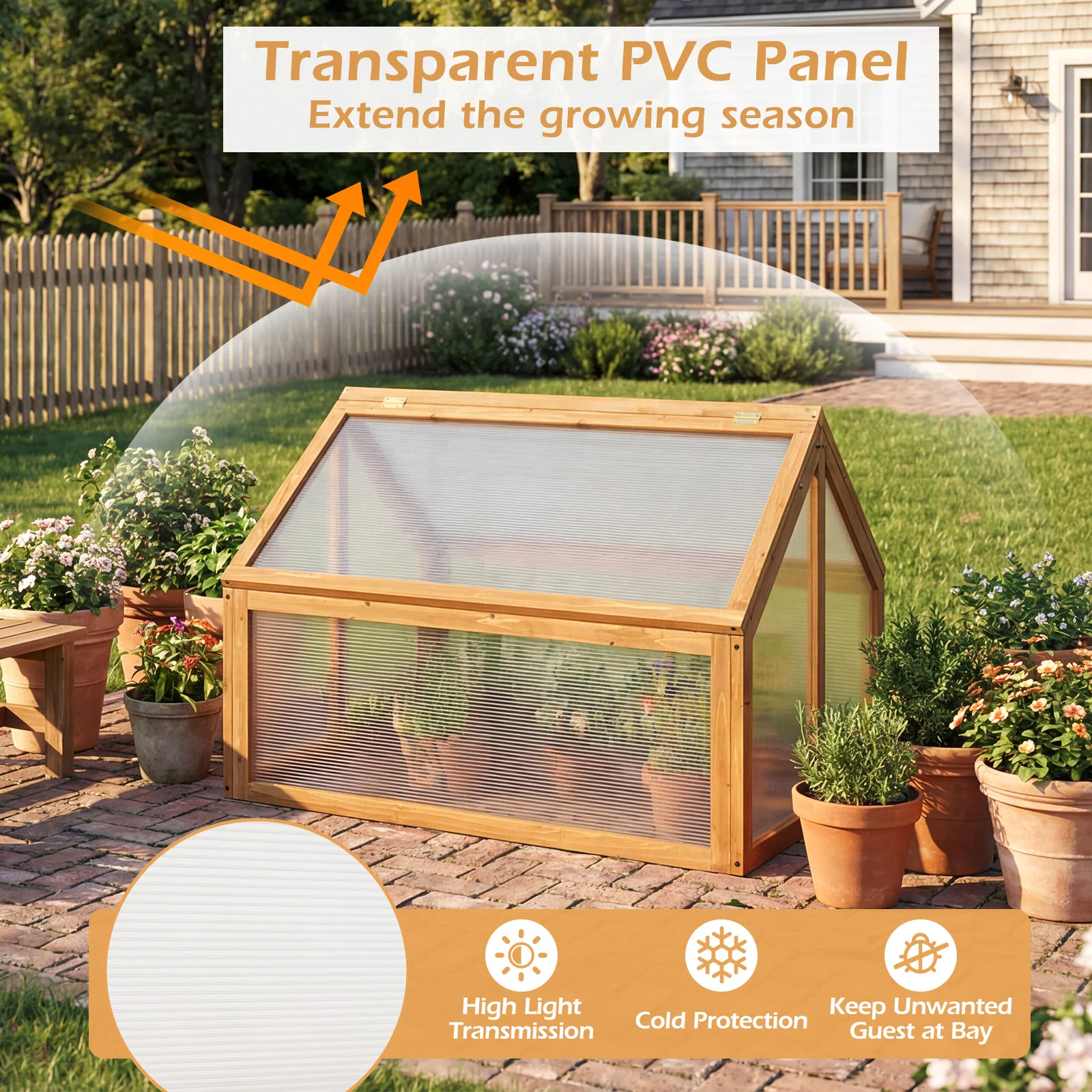 Wood Cold Frame Greenhouse Raised Flower Planter Protection with Transparent Openable Roof, Orange - Image 9
