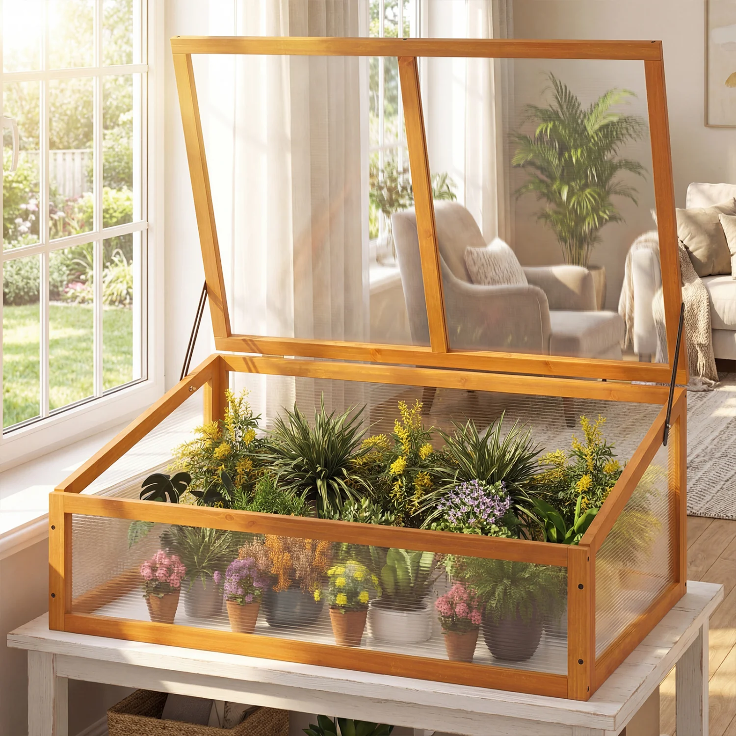 Wood Cold Frame Greenhouse Raised Planter Bed, Orange - Image 3