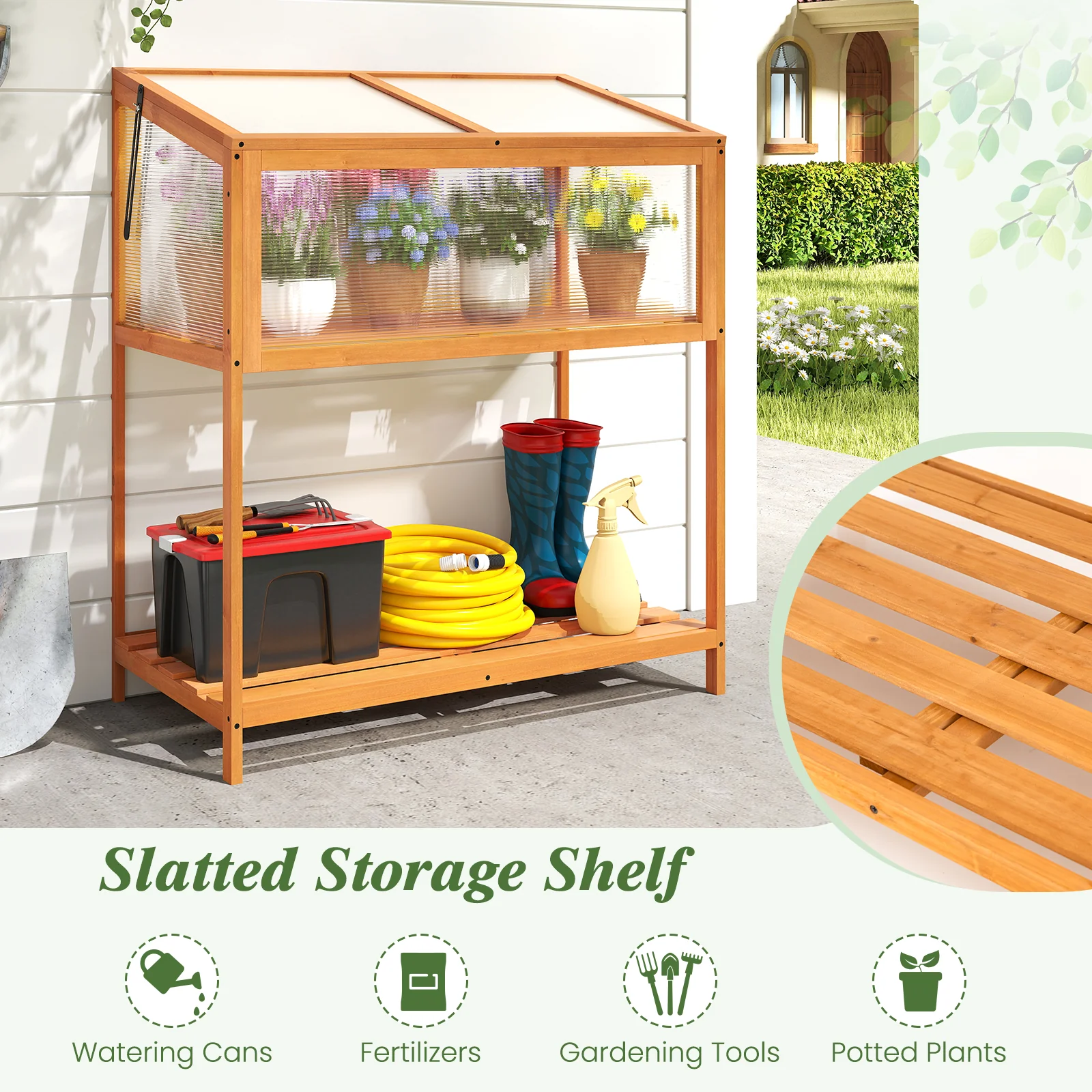 Wood Cold Frame Greenhouse with Transparent Openable Roof and Slatted Storage Shelf, Orange - Image 10