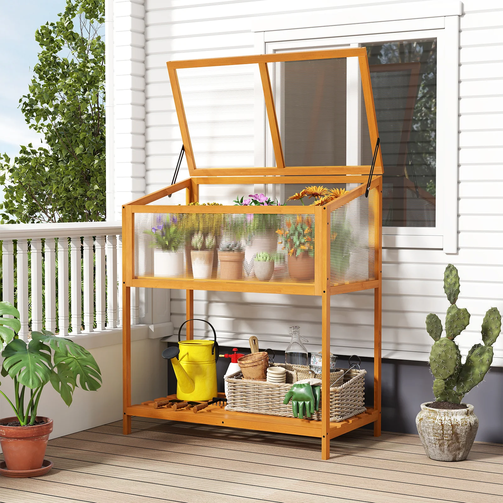 Wood Cold Frame Greenhouse with Transparent Openable Roof and Slatted Storage Shelf, Orange - Image 3