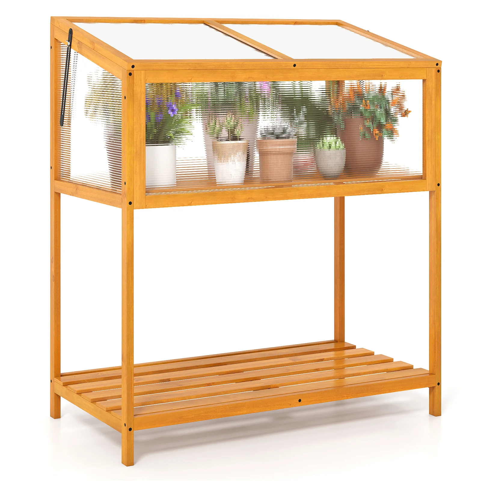 Wood Cold Frame Greenhouse with Transparent Openable Roof and Slatted Storage Shelf, Orange - Image 4