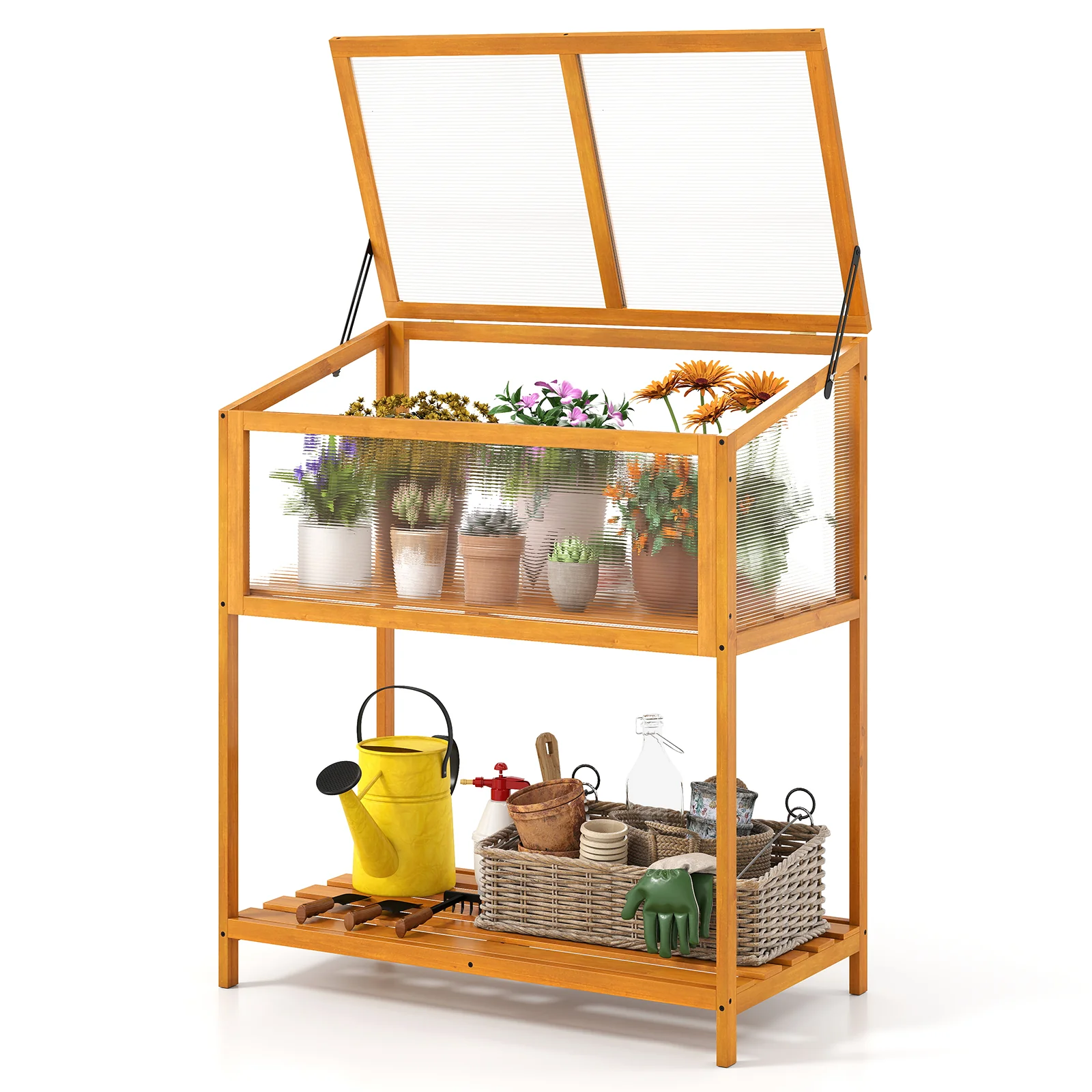 Wood Cold Frame Greenhouse with Transparent Openable Roof and Slatted Storage Shelf, Orange - Image 5