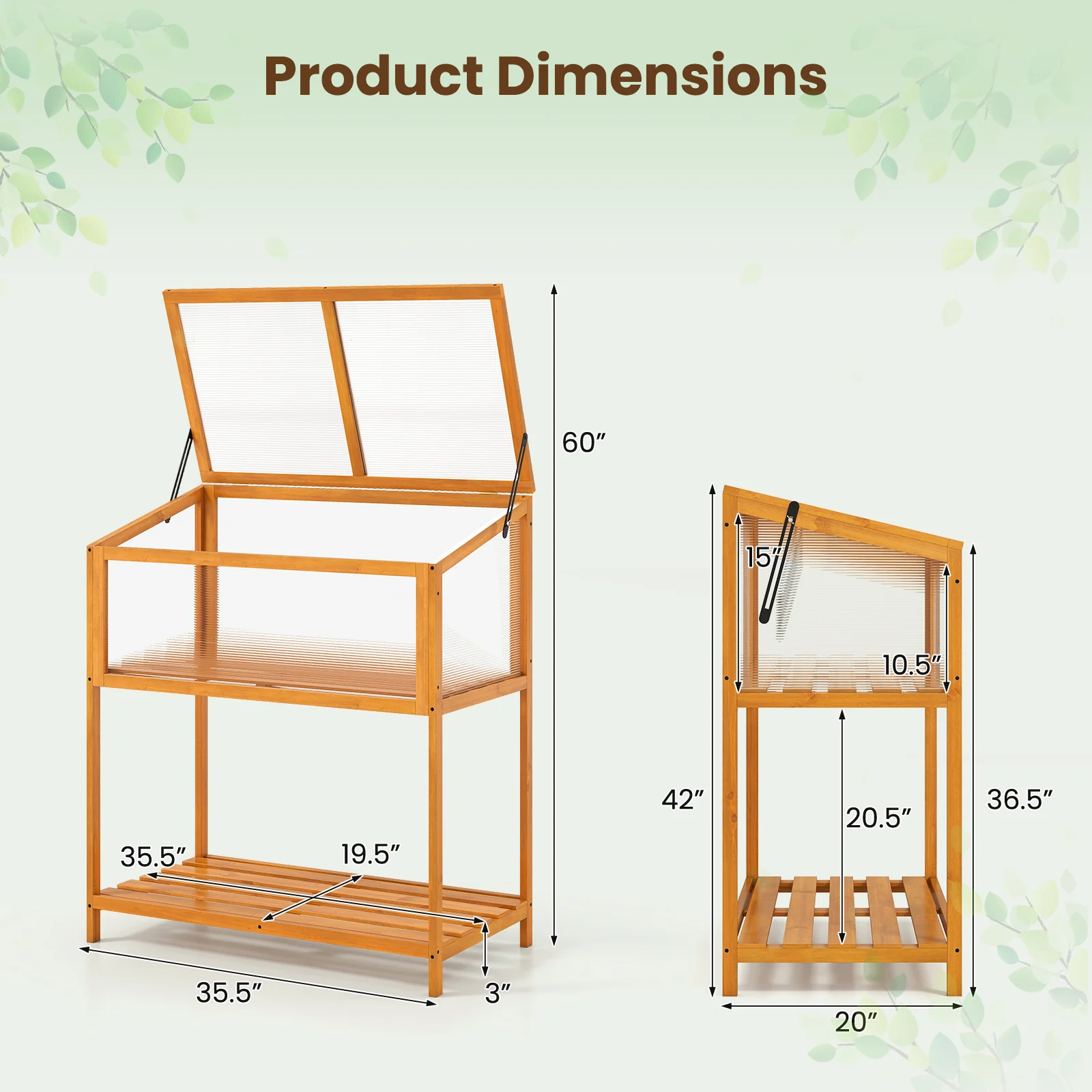 Wood Cold Frame Greenhouse with Transparent Openable Roof and Slatted Storage Shelf, Orange - Image 6