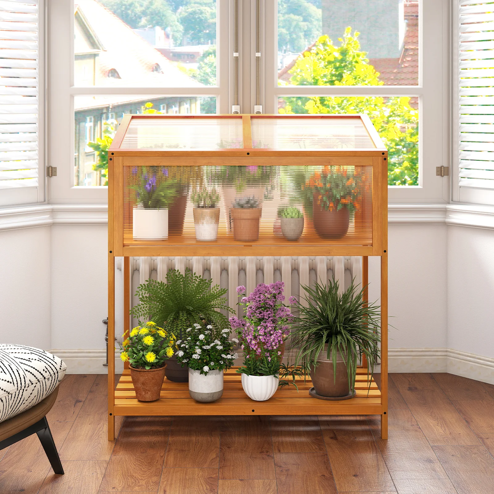 Wood Cold Frame Greenhouse with Transparent Openable Roof and Slatted Storage Shelf, Orange - Image 7
