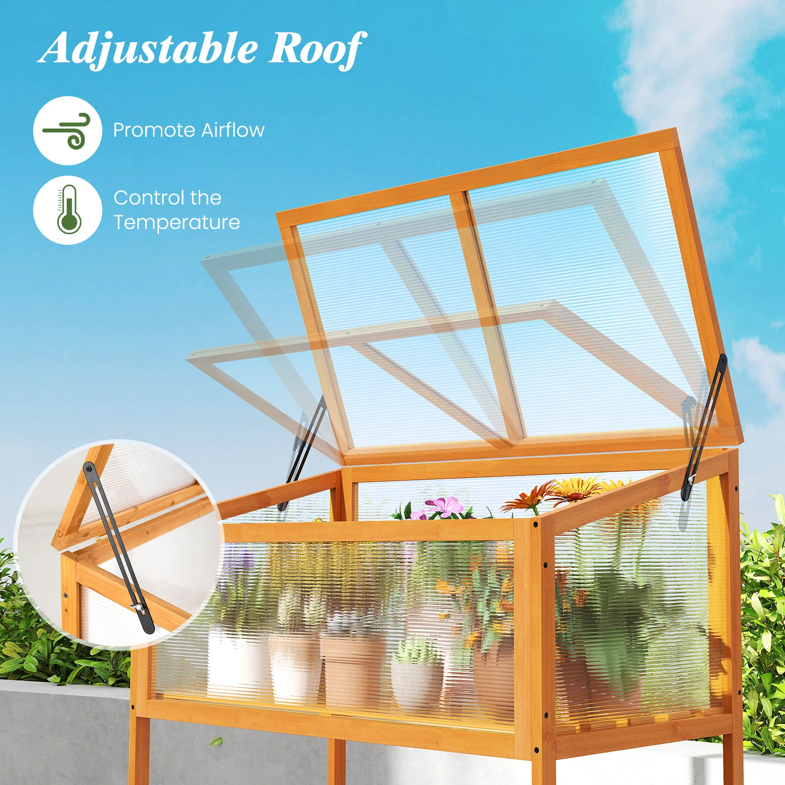 Wood Cold Frame Greenhouse with Transparent Openable Roof and Slatted Storage Shelf, Orange - Image 8