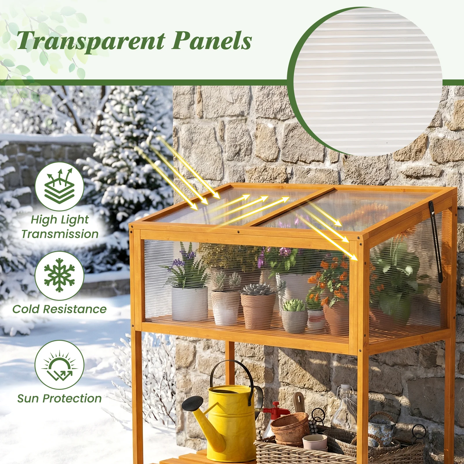 Wood Cold Frame Greenhouse with Transparent Openable Roof and Slatted Storage Shelf, Orange - Image 9