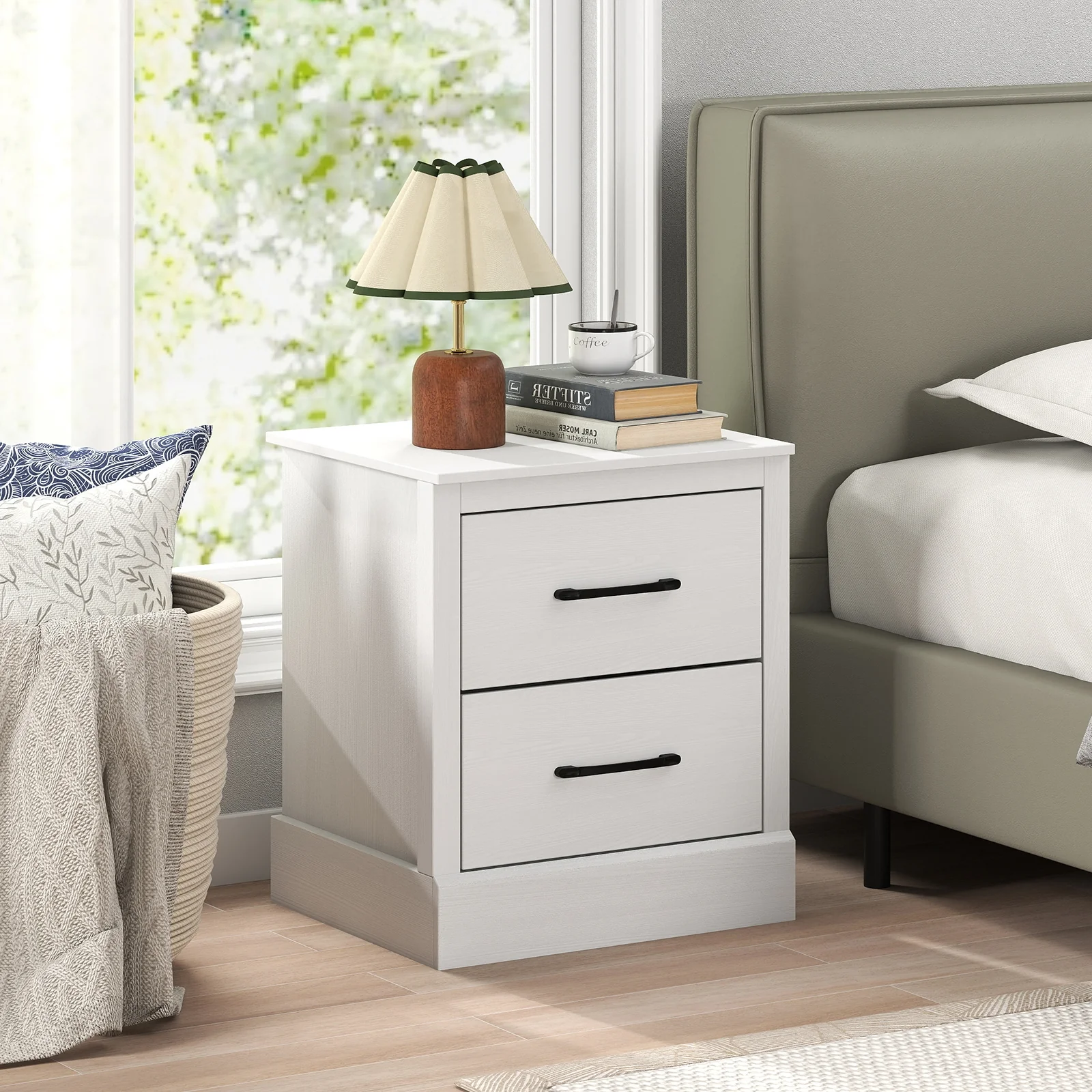 Wood Compact Floor Nightstand With Storage Drawers, White - Image 2